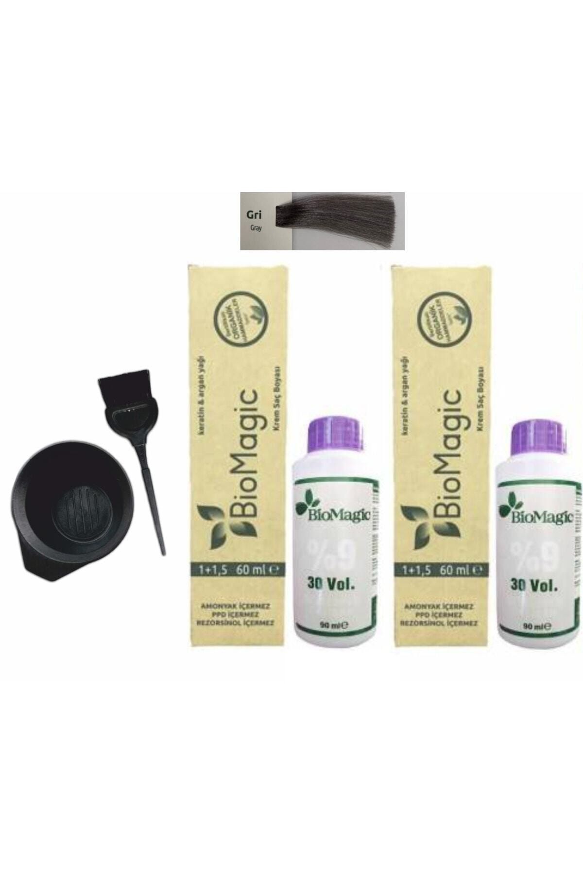 BIOMAGIC Organik Keratin+argan Yağlı Saç Boyası Gri 60ml X2 Adet+oksidan 90ml+boyama Seti