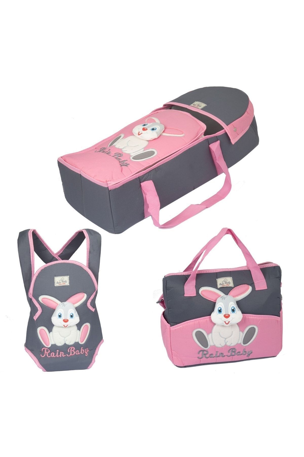 miniklife 3 Lü Bebek Taşıma Seti Tavşan Kafalı Portbebe&bebek Bakım Çantası Ve Kanguru