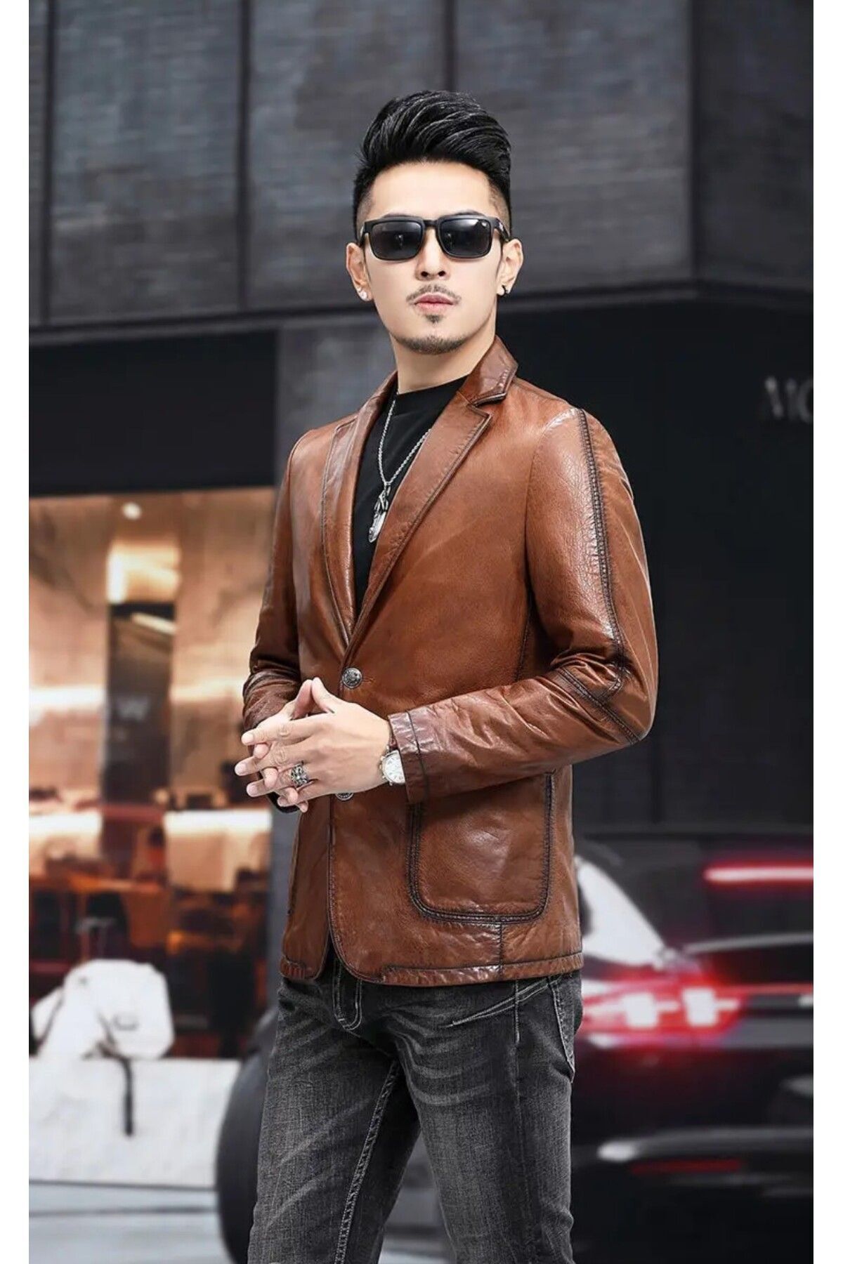 NYC G Y M TEKST L Men s Slim Fit Genuine Leather Jacket Trendyol