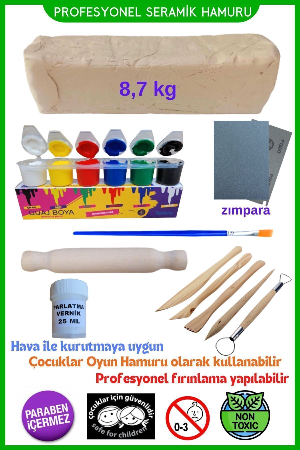 Beyaz Seramik Hamuru 8,7 Kg, 5li Ahşap Ebeşuar (MODELAJ SETİ), Merdane, Doğal Kil Çamuru