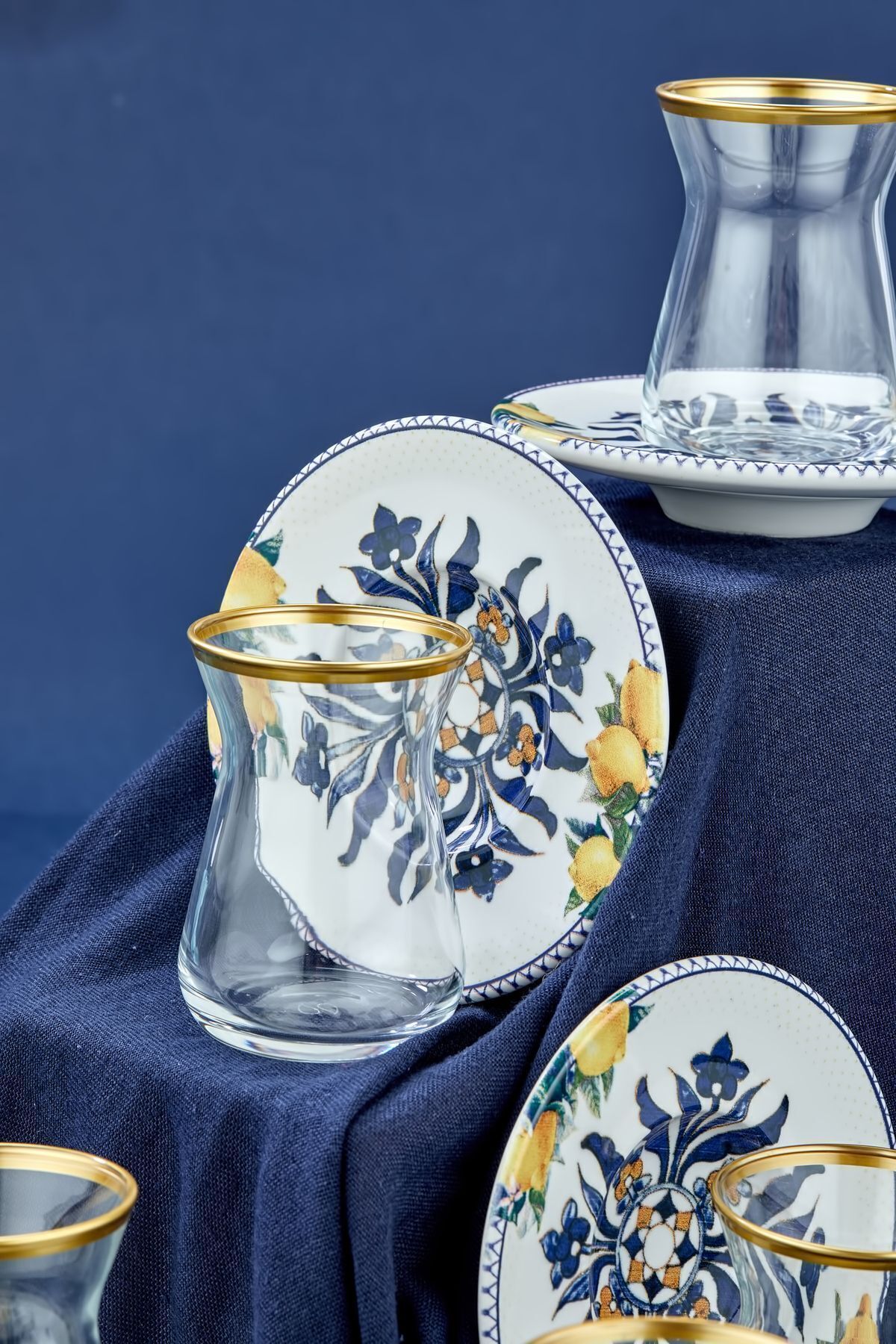 Babion-Authentic Design Lemon Patterned 12 Piece Gold Tea Cup Set, Set 7
