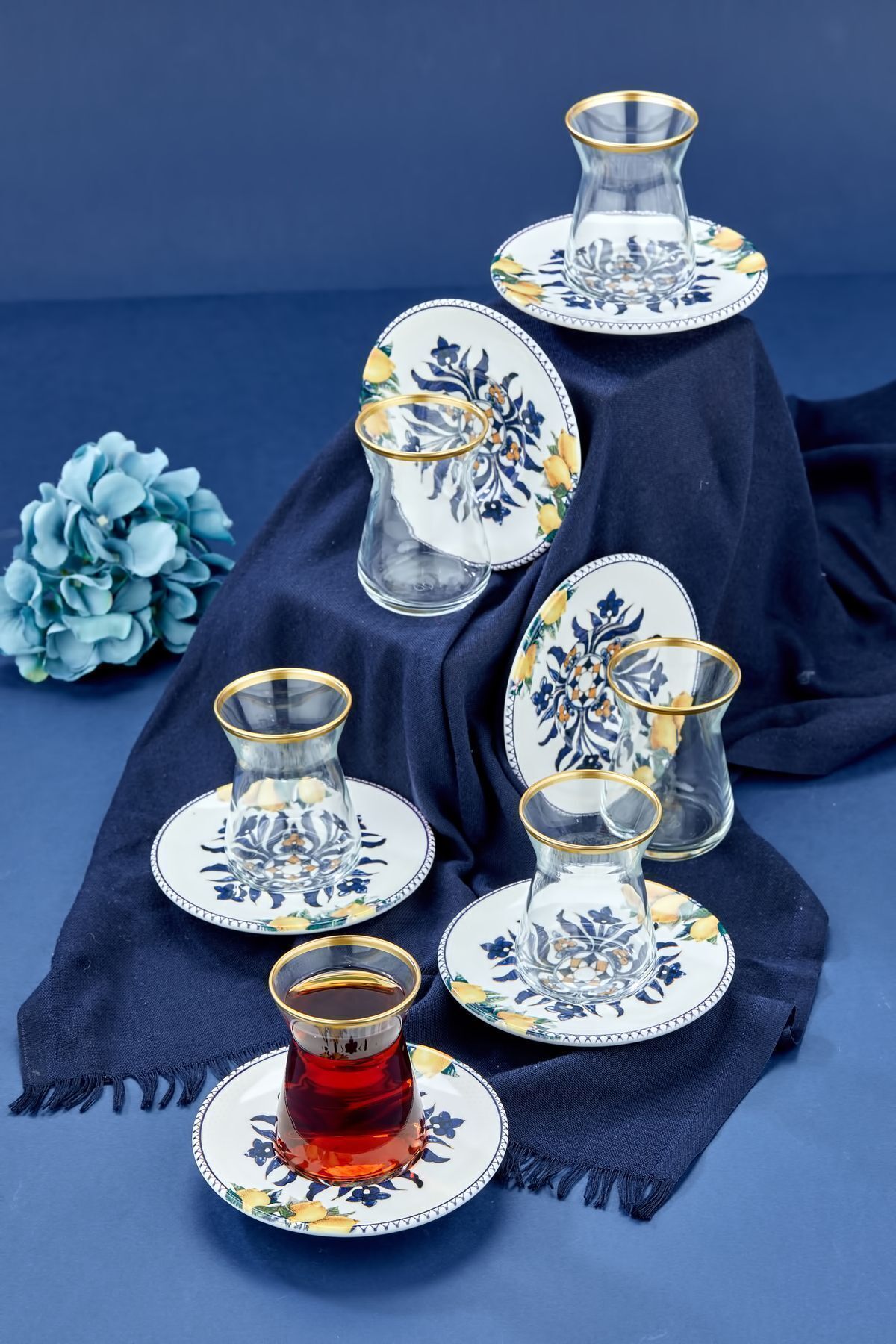 Babion-Authentic Design Lemon Patterned 12 Piece Gold Tea Cup Set, Set 3