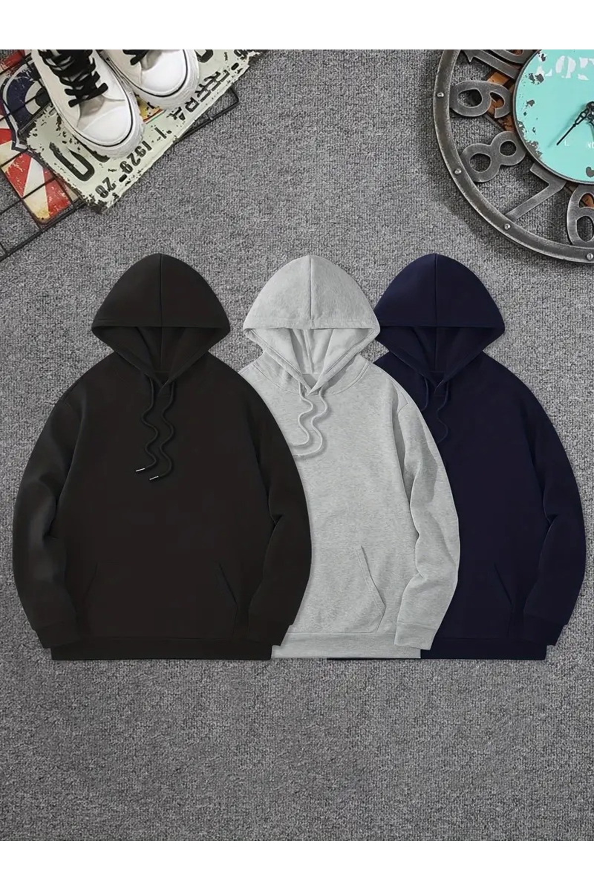 EYAX MODA 3'lü Paket Kapüşonlu Oversize Sweatshirt - Unisex Sweatshirt
