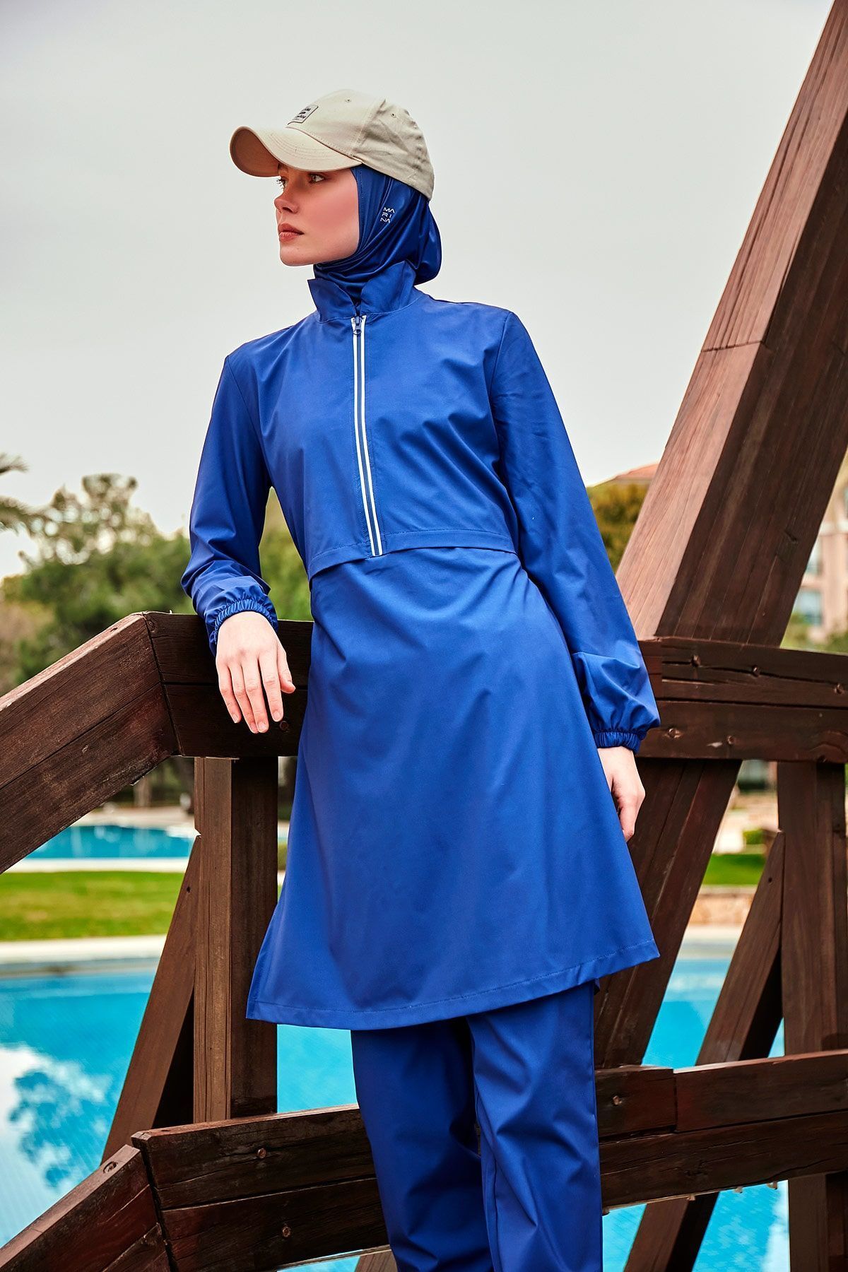 مایوی پوشیده آبی زنانه چتر نجات نیلی کامل بسته لباس شنا حجاب Marina