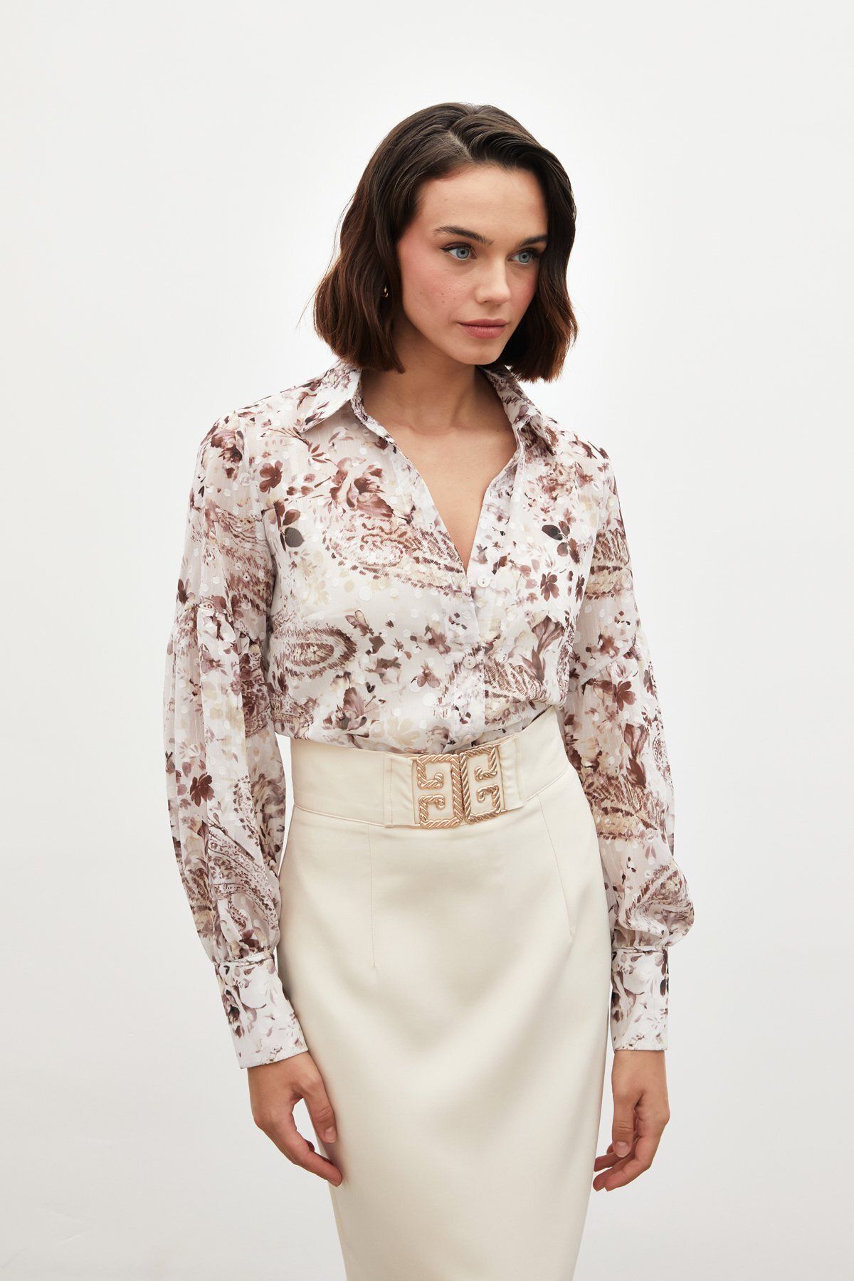 Sateen-Textured Patterned Shirt - Brown 4