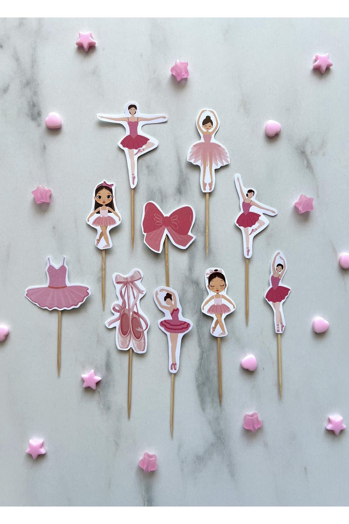 The Istanbul Event 10'lu Pembe Balerin Konseptli Cupcake Topper - Doğum Günü Konuşma Balonu Çubukları