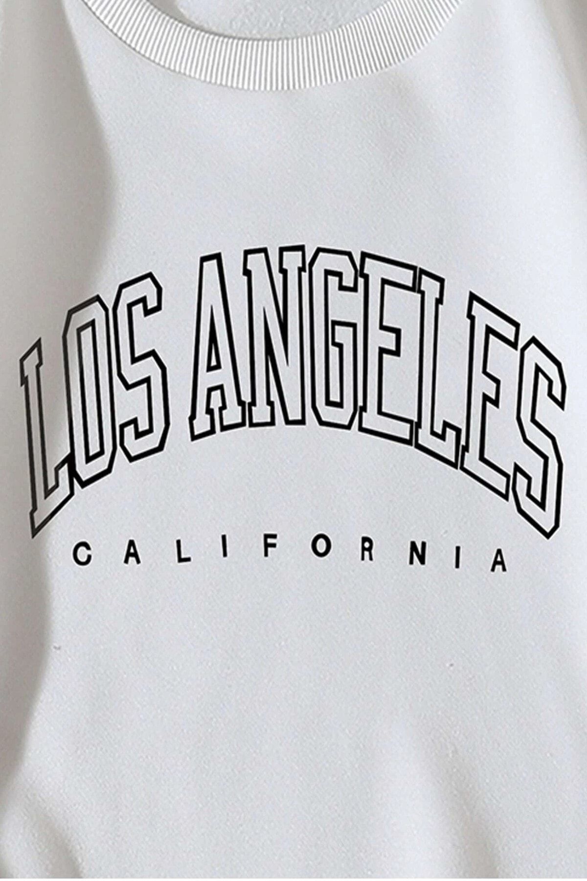 MODAGEN  Kadın Beyaz Bisiklet Yaka Los Angeles Baskılı Sweatshirt - Görsel 4