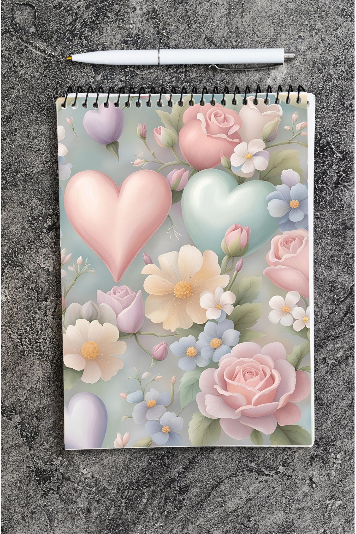 kutuTR-80 Sheets Striped Heart and Rose Patterned Vip Memo Pad - 70gr/m2 Ç-OB05 with Wooden MDF Cover 3