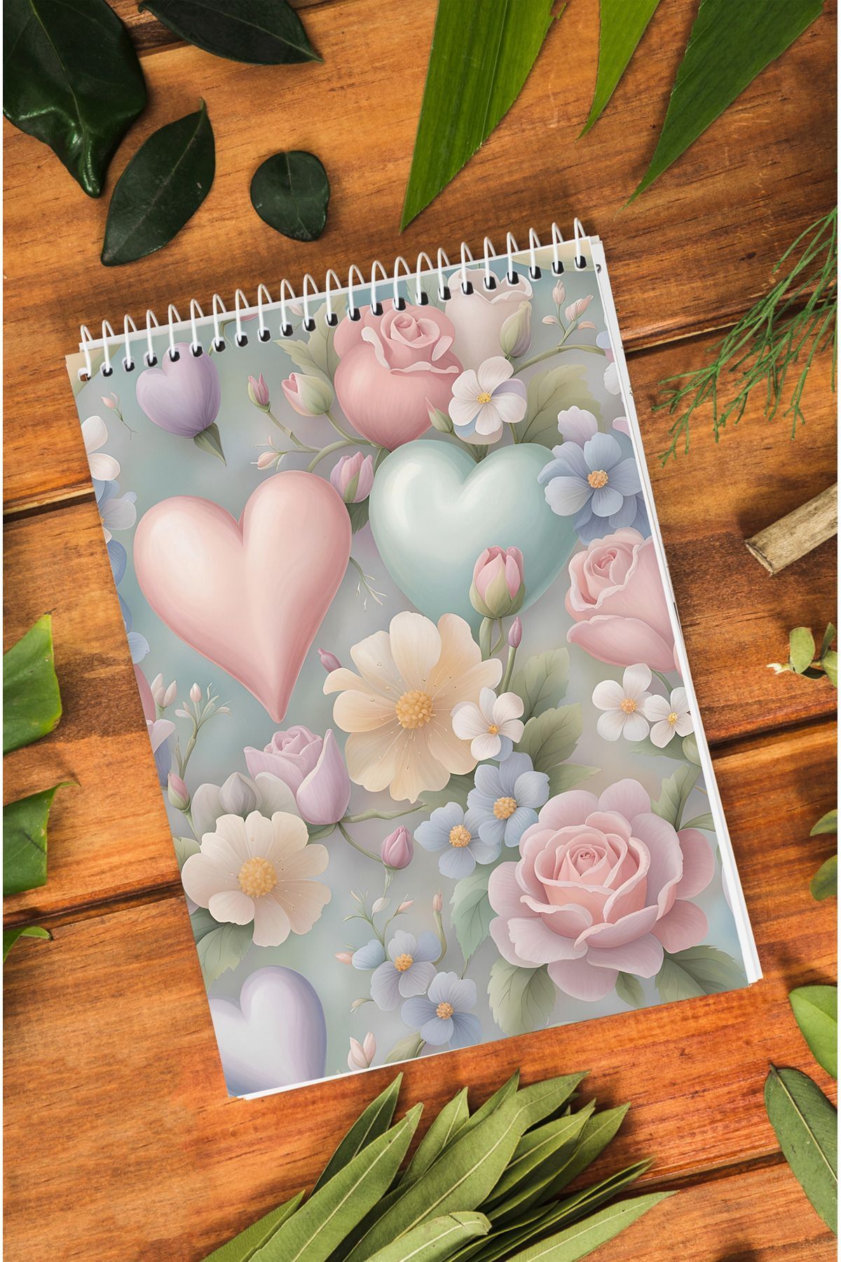 kutuTR-80 Sheets Striped Heart and Rose Patterned Vip Memo Pad - 70gr/m2 Ç-OB05 with Wooden MDF Cover 4