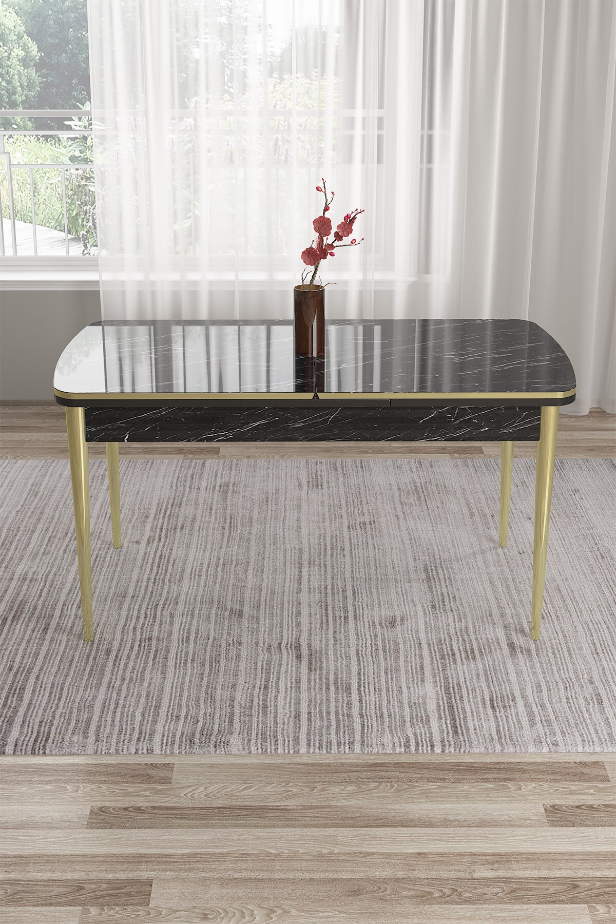 Black Marble Pattern 80x132 Openable Dining Table Gold Metal Leg