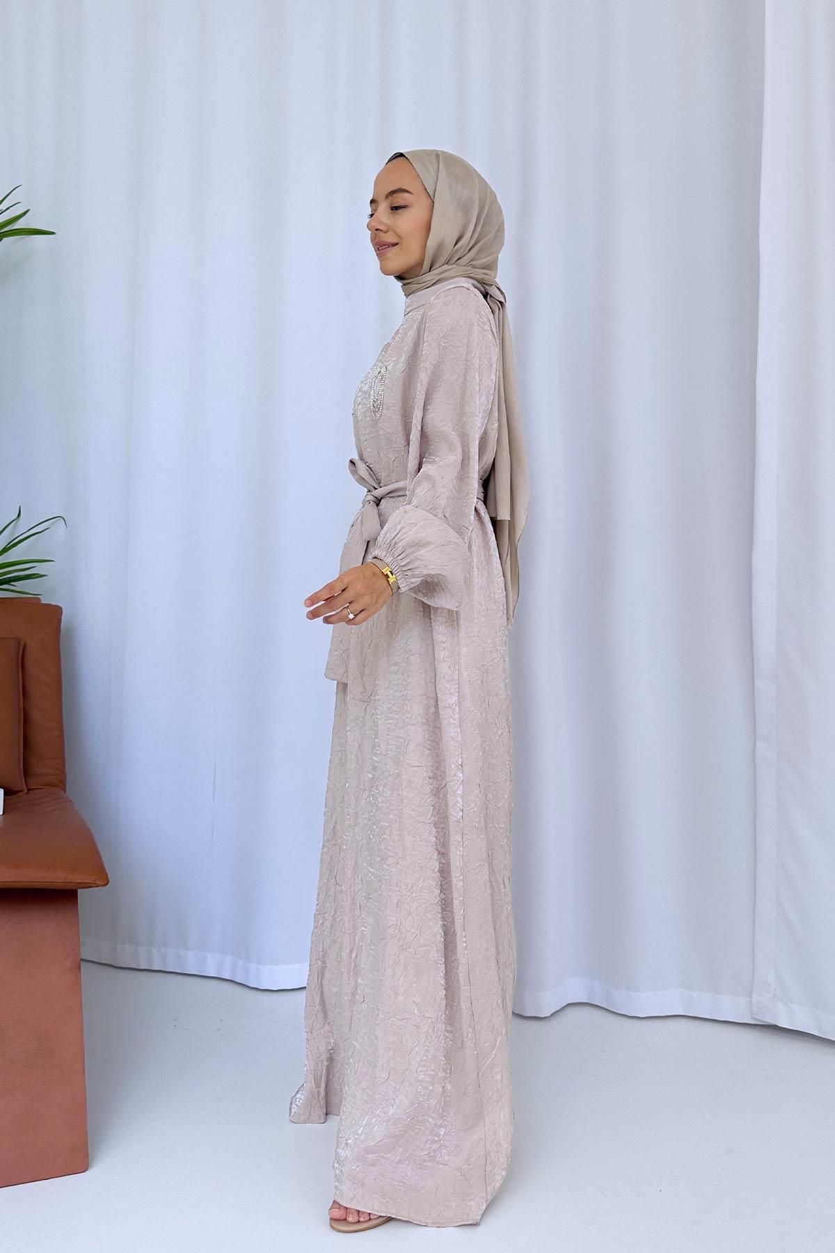 Ka Hijab-Beige Hijab Dress - Brooch Detailed 2