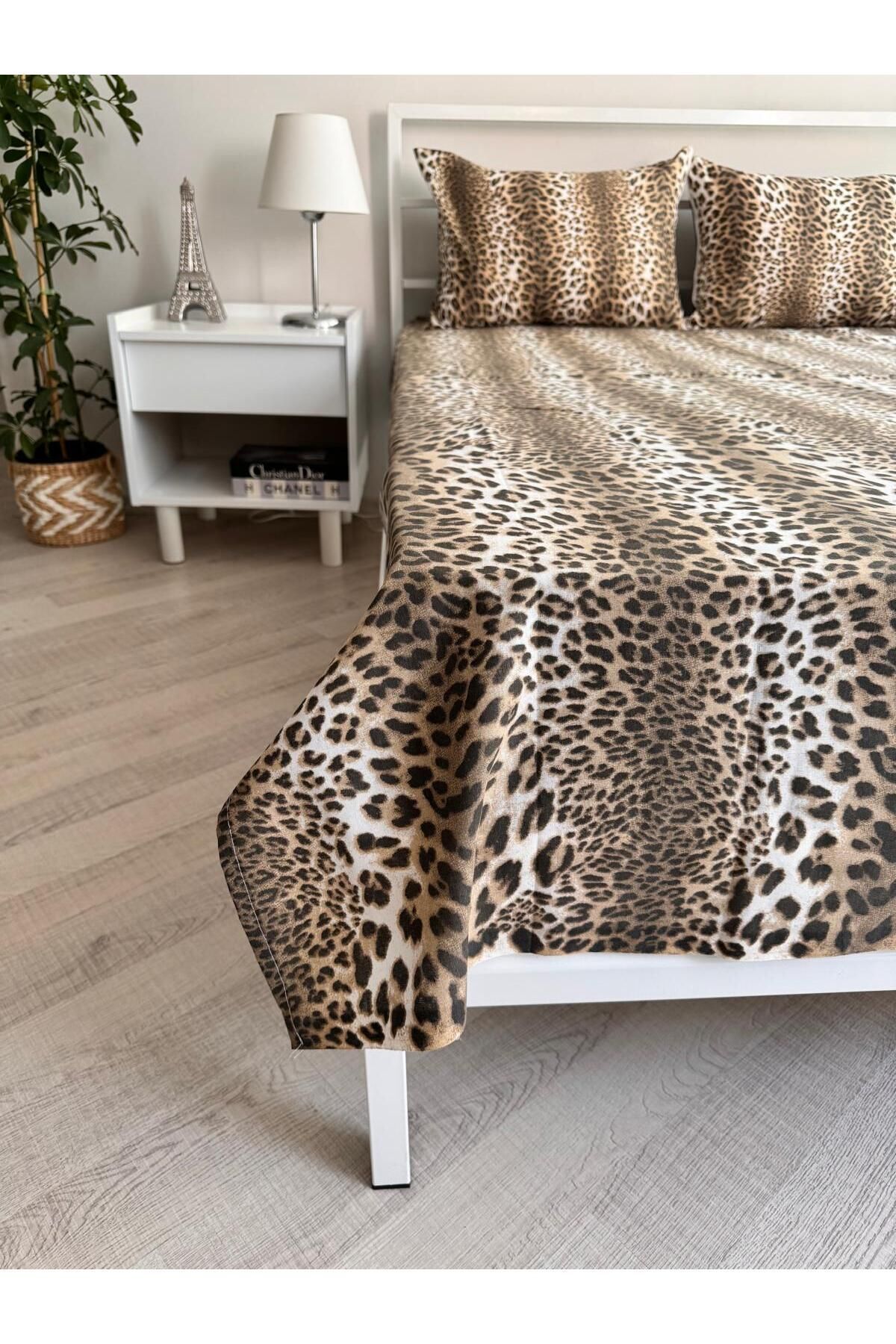 üntaş-Leopard Patterned Double Elasticless Sheet and Pillow Set - 2 Pieces 3