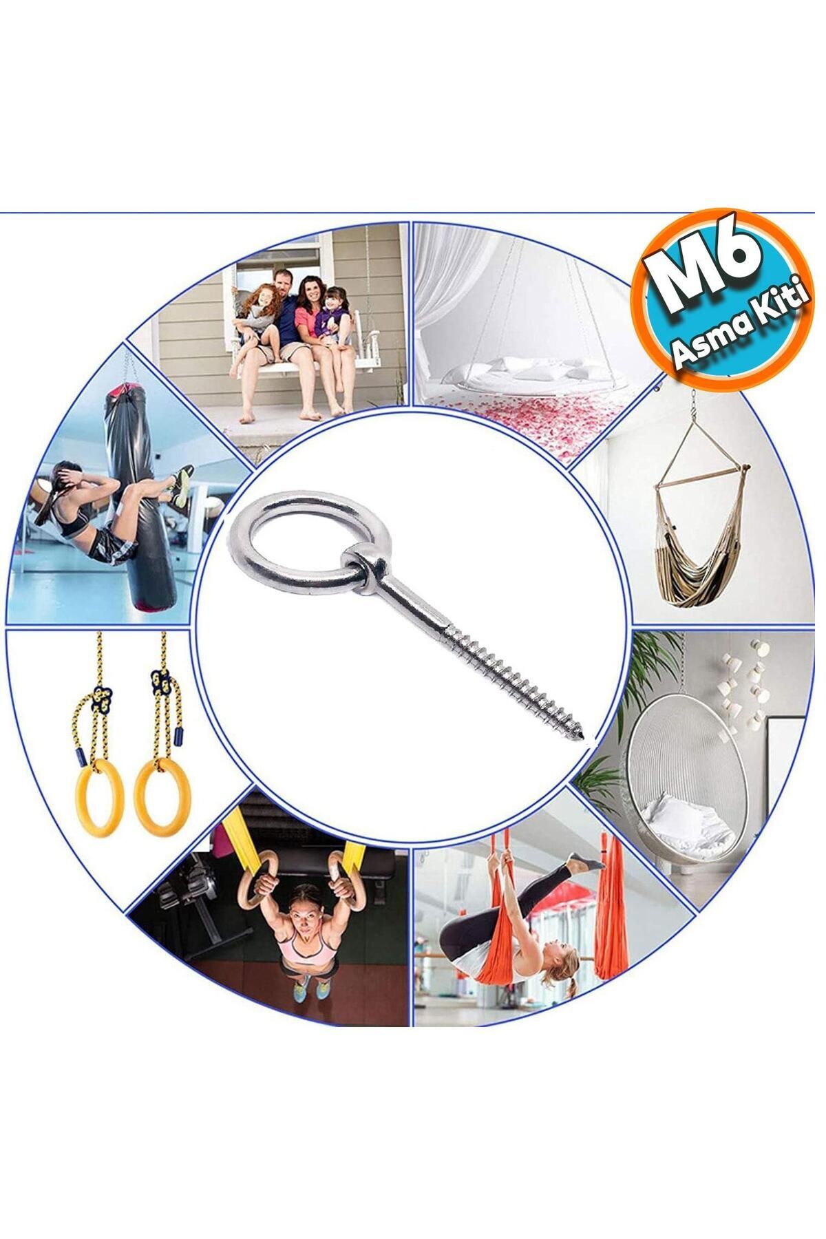 NZB Metal Paslanmaz M6 Vidalı Sabitleme Gerdirme Çekme Kaldırma Tavan Kancası Salıncak Asma Kit Kiti