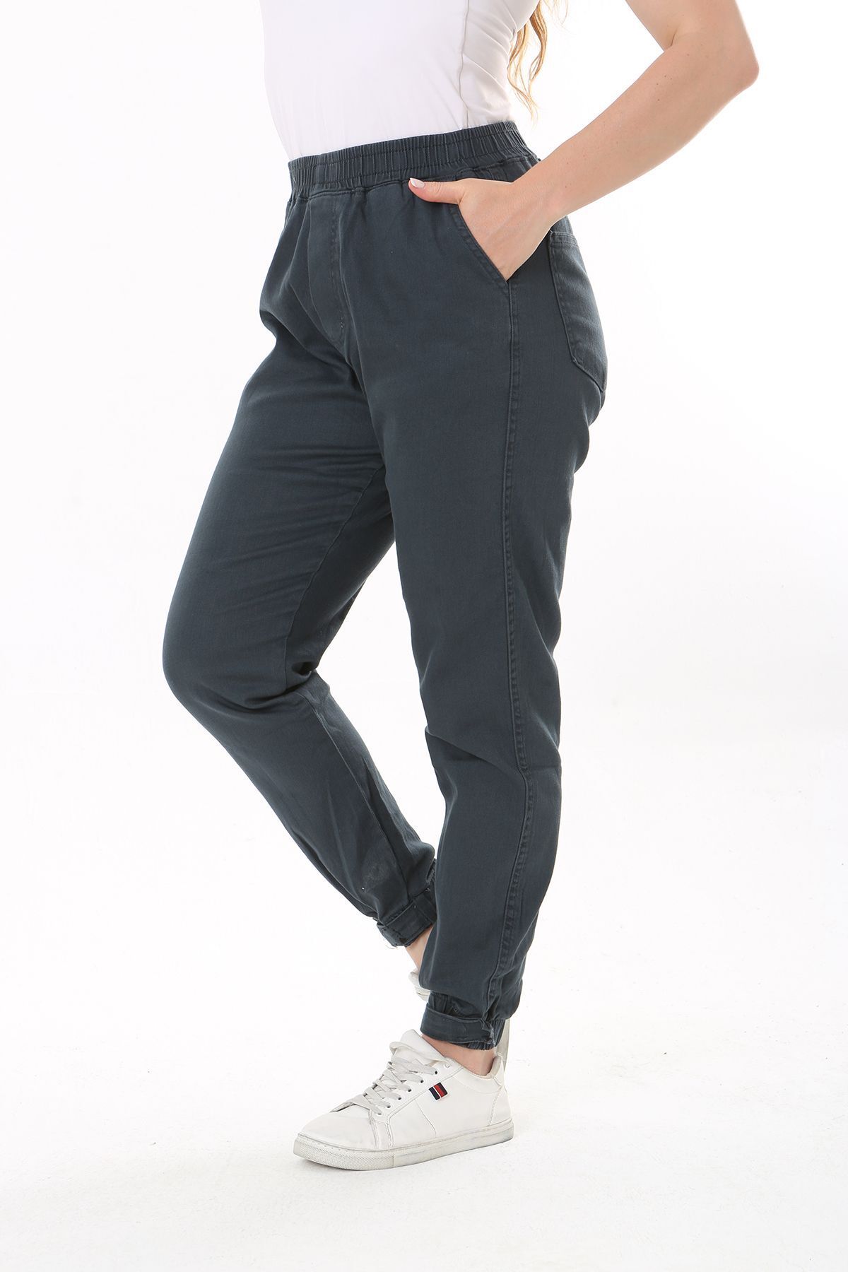 Şans-Women's Large Size Smoked Lycra 4-Pocket Jeans with Elastic Waist and Legs 65N37827 6