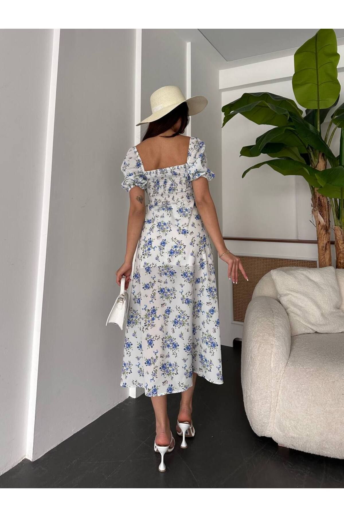 LULU LOOK-Midi Length Floral Print Summer Dress - With Binding on the Chest and Elastic Back Slit 4