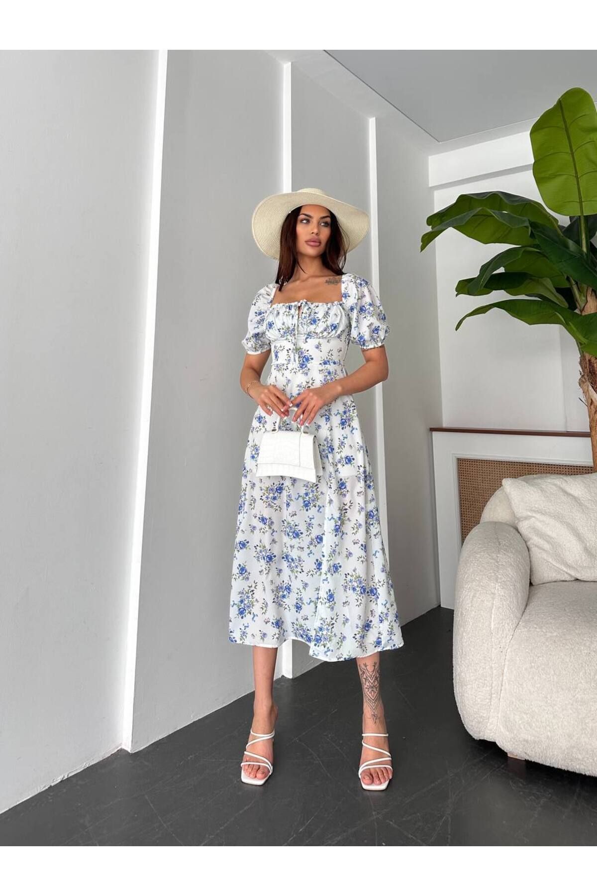 LULU LOOK-Midi Length Floral Print Summer Dress - With Binding on the Chest and Elastic Back Slit 2