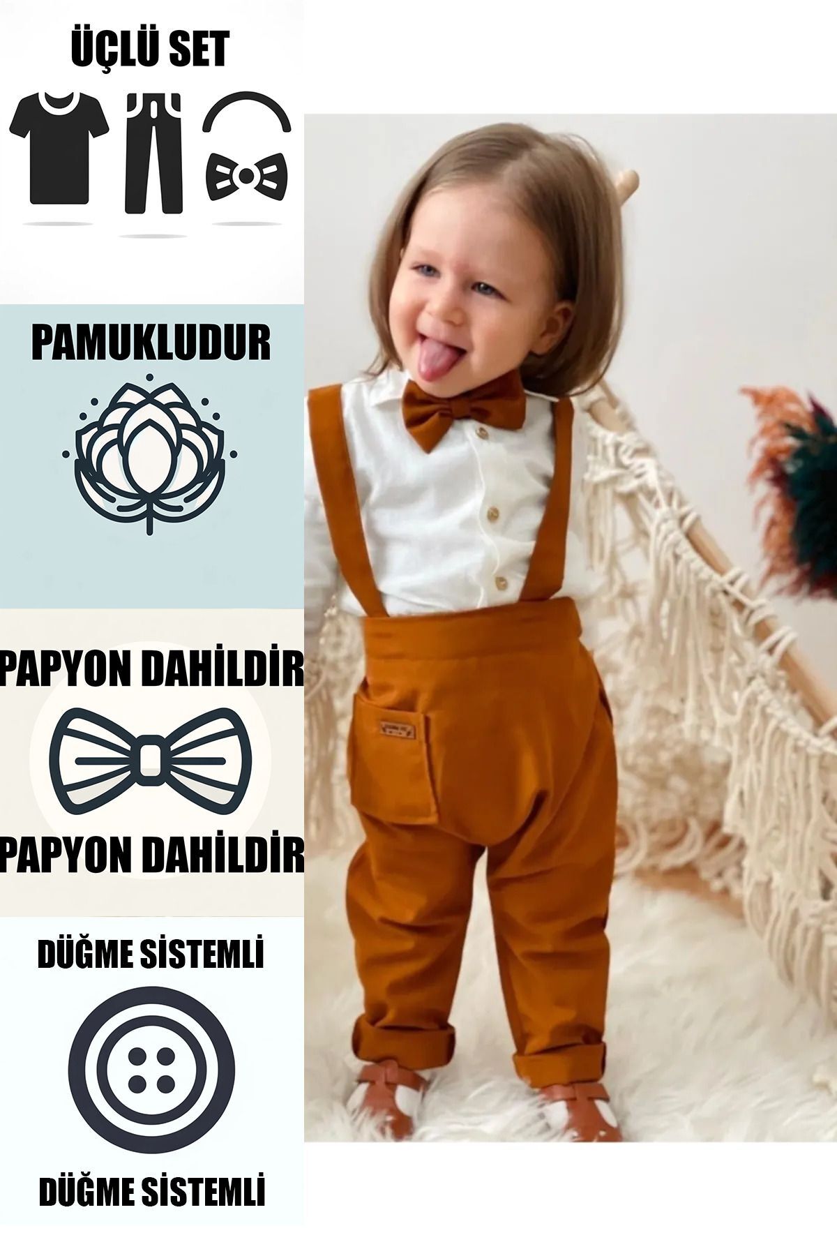 Genel Markalar Kahverengi Salopet Gömlek Ve Papyonlu Takım Erkek Ve Kız Bayramlık Hediye Bebek Ve Çocuk Giyim fotoğrafı 2 (önizleme)