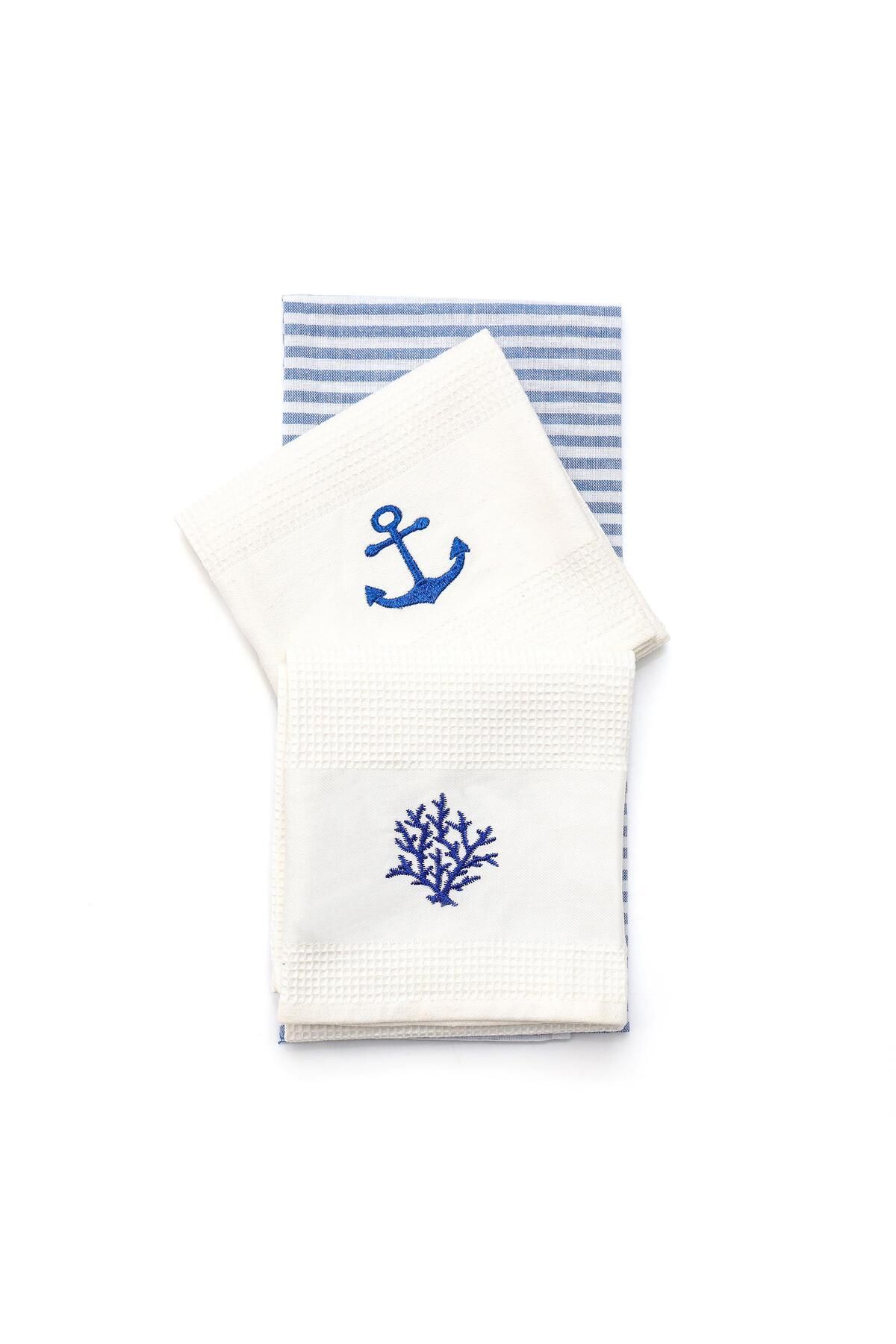 Missi Set De 3 Cârpe De Uscare Cu Broderie De Corali Albastru Și Ancoră - One Size