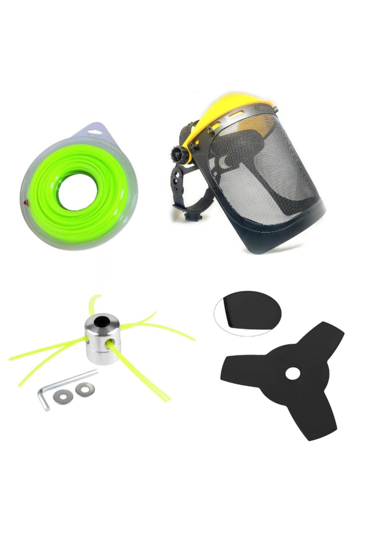 ABLACKS Tırpan Profesyonel Ayarlanabilir Maske – Örümcek Başlık – Üçgen Bıçak – Misina 4’lü Bahçivan Seti