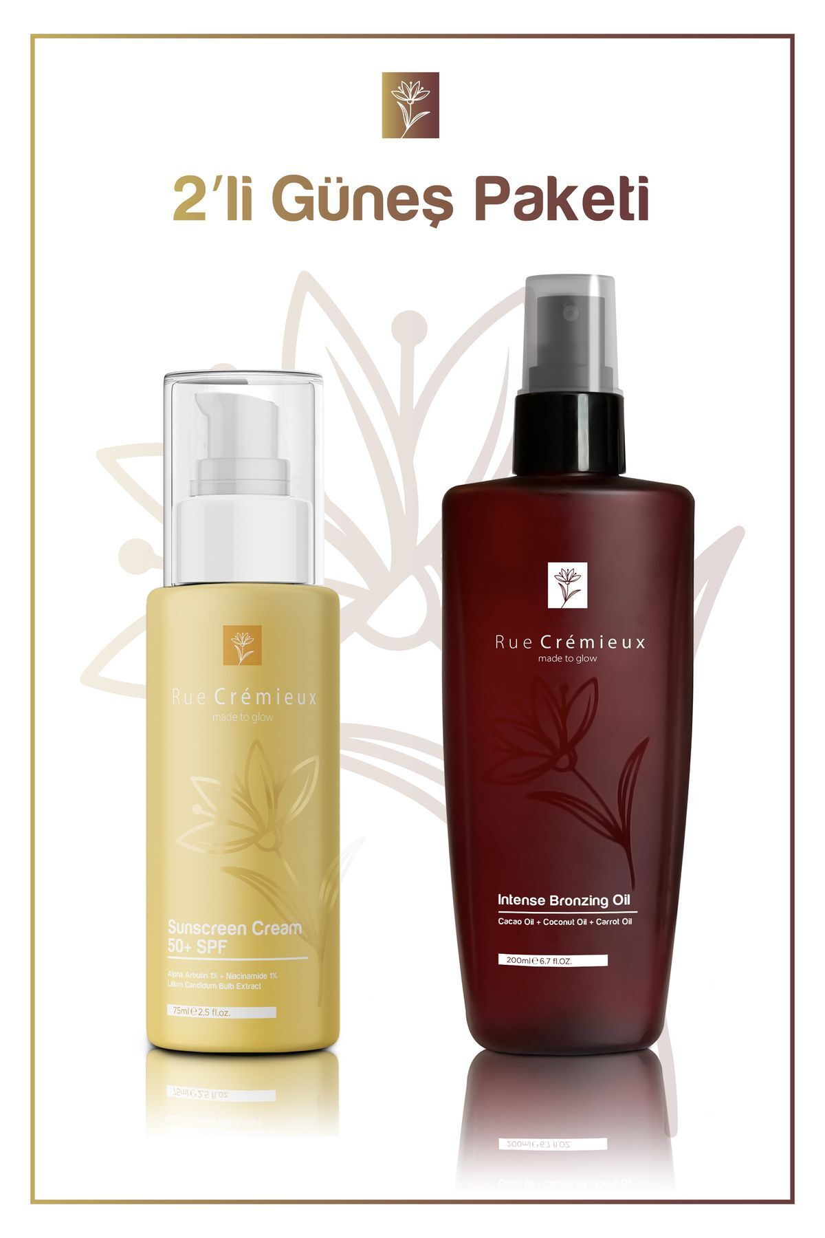 İkili Güneş Paketi - 75ml Leke Karşıtı SPF 50+ Güneş Kremi ve 200ml Yoğun Bronzlaştırıcı — Rue-Set01