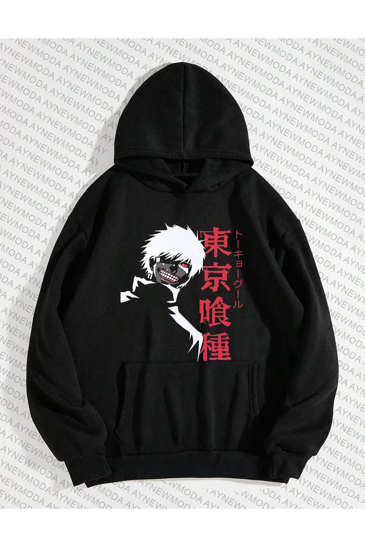 aynewmoda Kaneki Ken Tokyo Ghoul Anime Printed Crew Neck Unisex Oversize 3 Thread Hooded Sweatshirt Trendyol