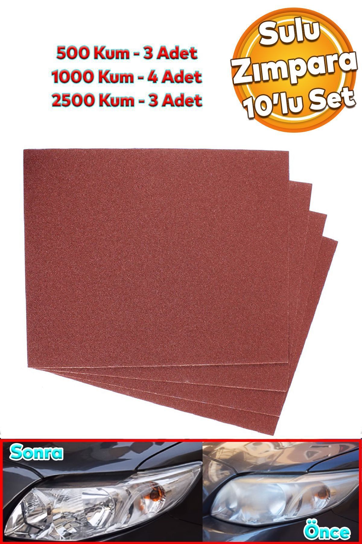 Badem10 Far Temizleme Ince Kalın Kağıt El Su Zımparası Kağıdı Araç Parlatma Set 500-1000-2500 Kum 10 Adet
