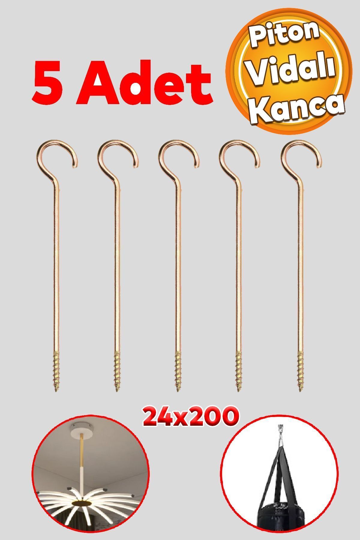 Badem10 Metal Piton Vidalı Gerdirme 24x200 Çekme Kaldırma Tavan Açık Ağız Kancalı Avize Asma Kiti 5 Adet