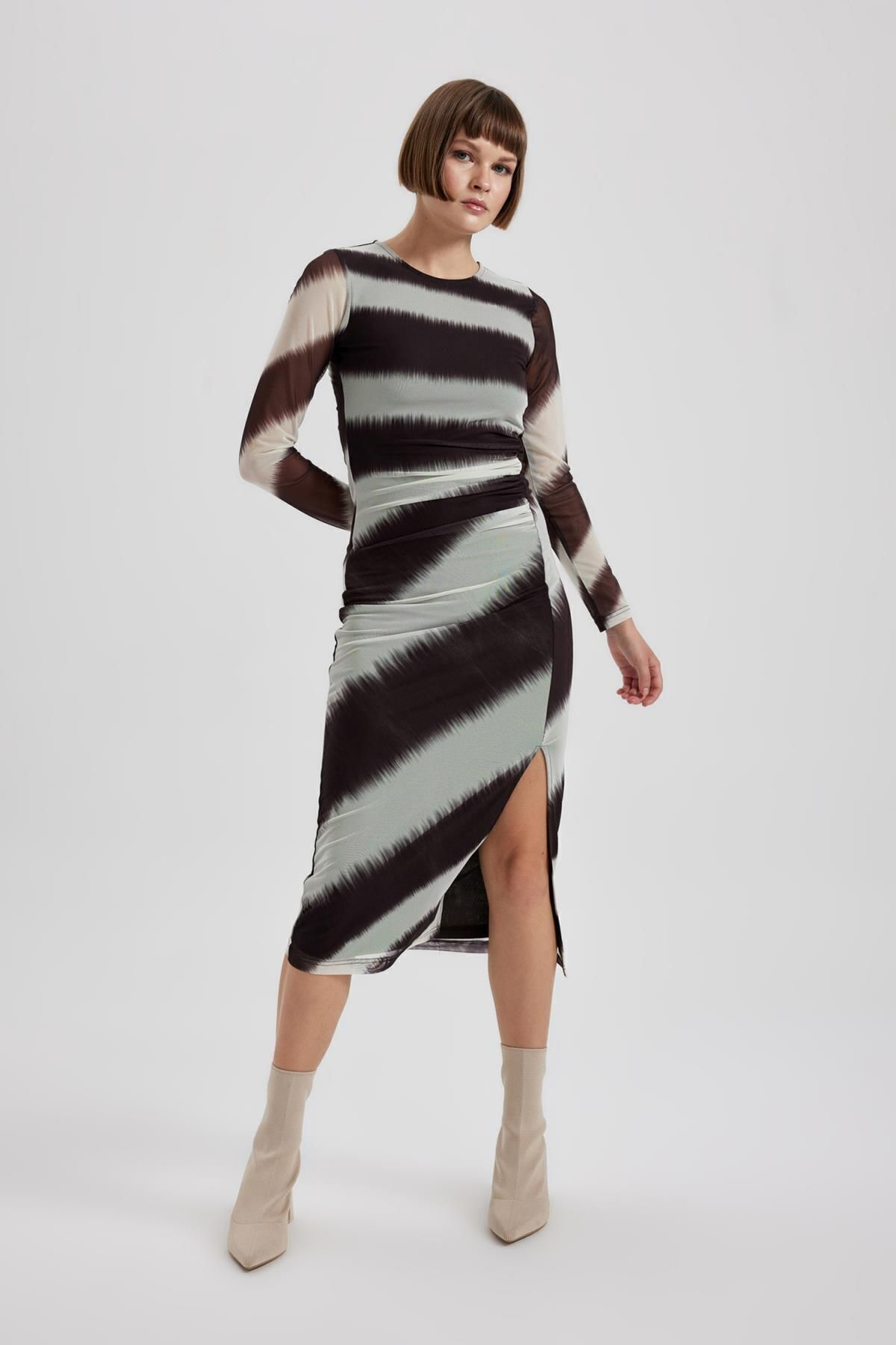 Bodycon Degrade Bisiklet Yaka Tül Uzun Kollu Midi Elbise B4168ax23au
