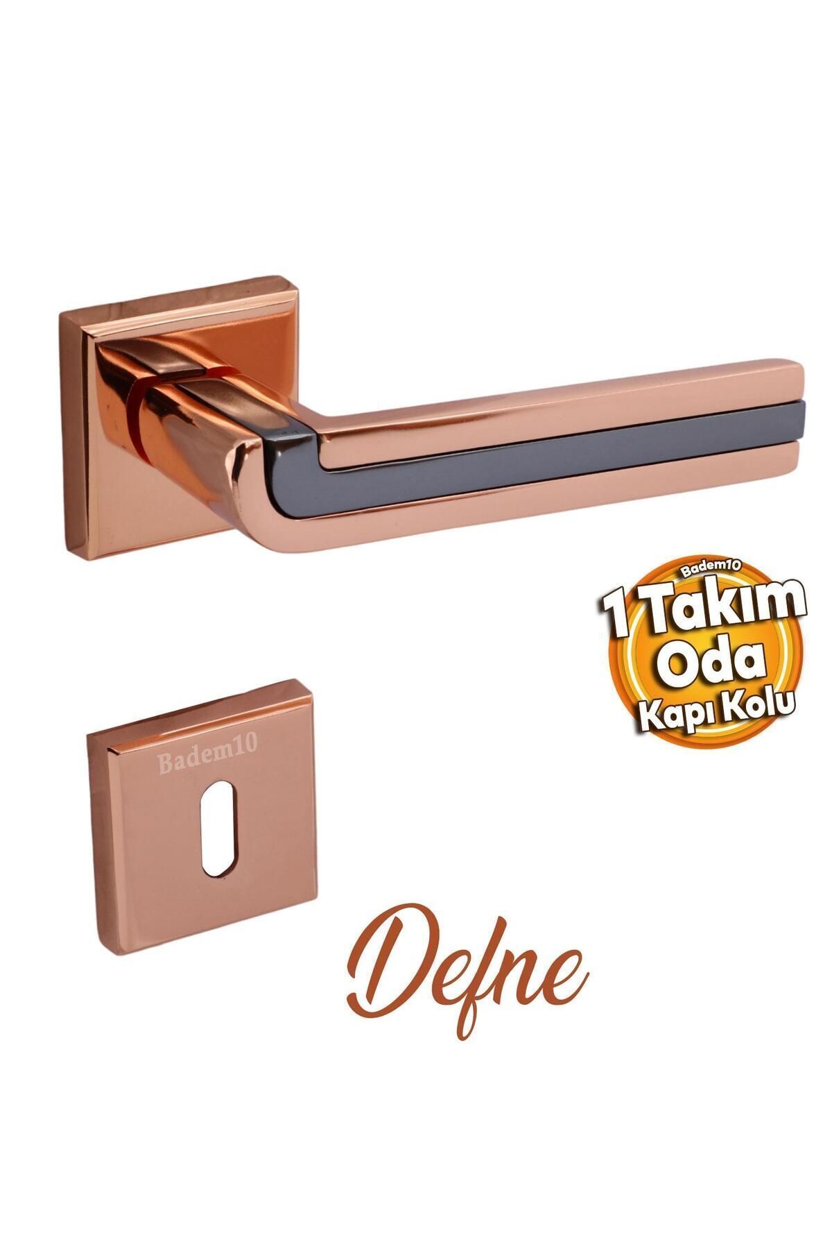 Badem10 (1 TAKIM) Defne Lüx Bakır Gold Kare Rozetli Oda Kapısı Uyumlu Kapı Kolu Sağ Sola Uygun Kapı Kolları
