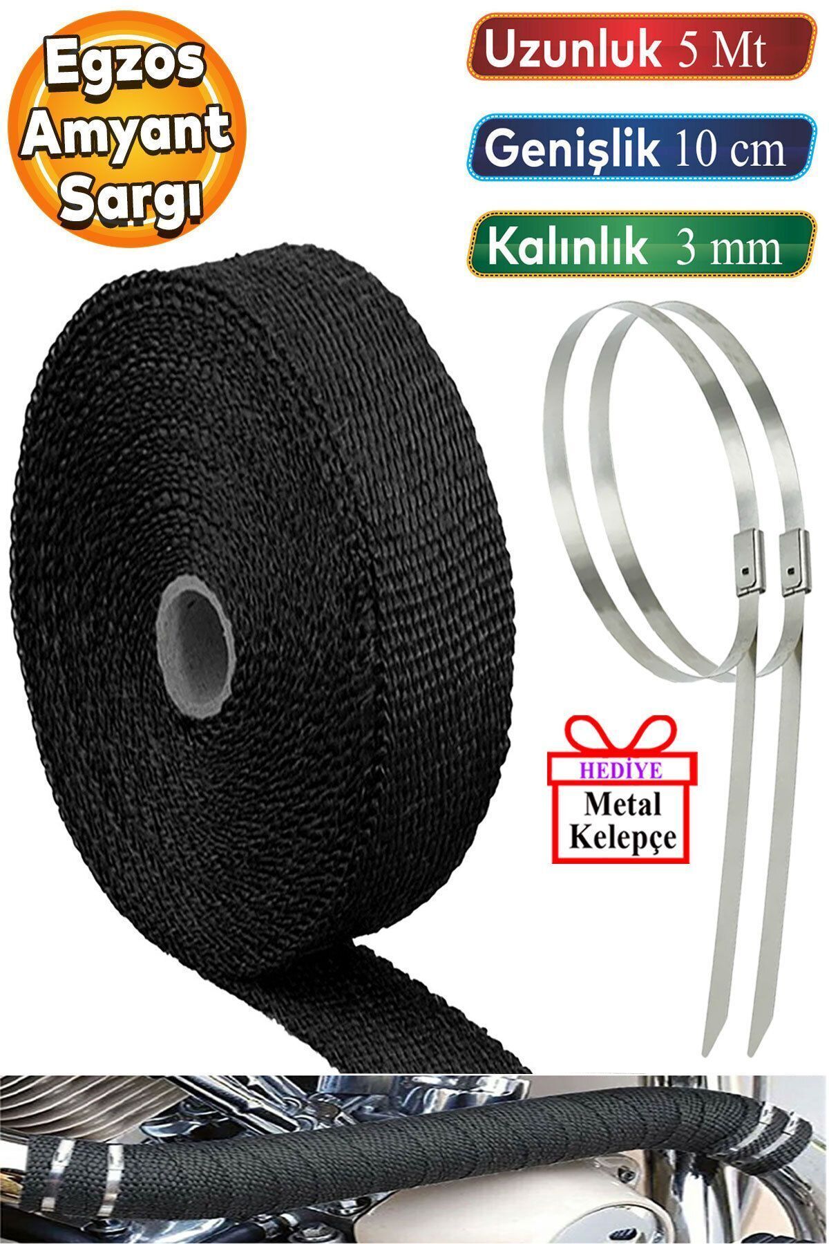 5 meters 10 cm Glass Fiber Exhaust Wrap Metal Clamp Bandage Fireproof Tape Black 3 mm Thickness