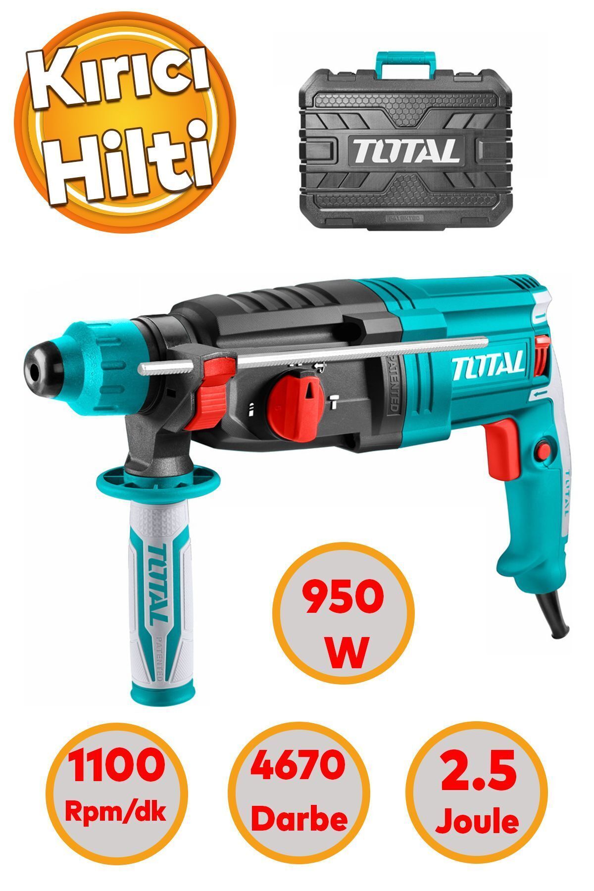 TOTAL Kırıcı Delici Darbeli Matkap 950 W Metal Beton Ahşap Elektropnömatik Delme Kırma Hilti