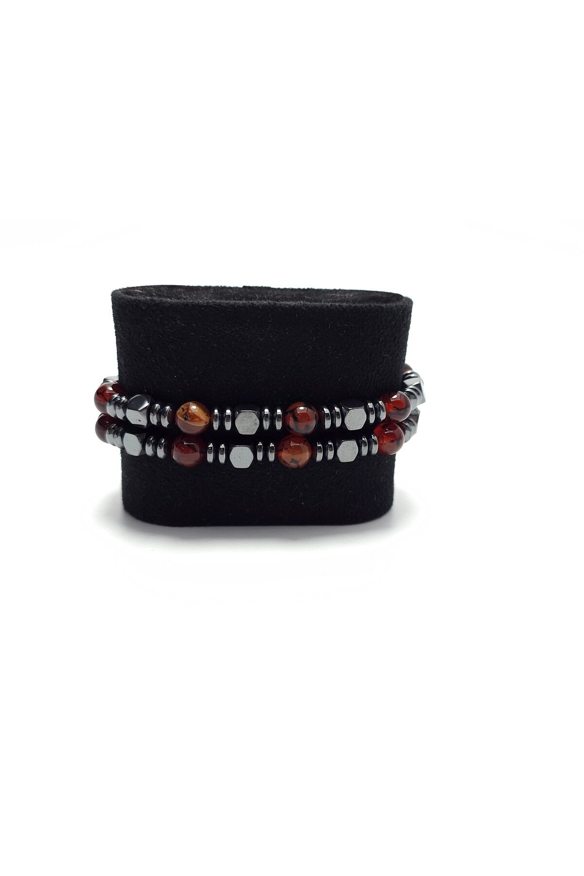Yüksel Boncuk-2-Piece Red Natural Stone Bracelet - Crab Fluffy and Hematite Stone 4