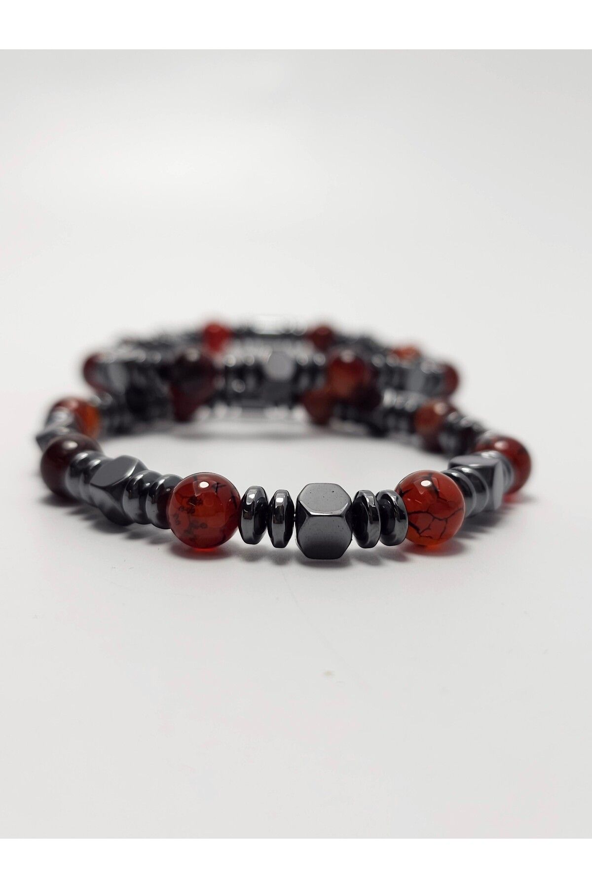Yüksel Boncuk-2-Piece Red Natural Stone Bracelet - Crab Fluffy and Hematite Stone 2