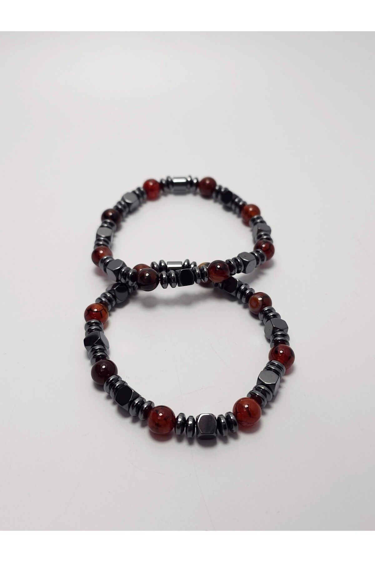 Yüksel Boncuk-2-Piece Red Natural Stone Bracelet - Crab Fluffy and Hematite Stone 3