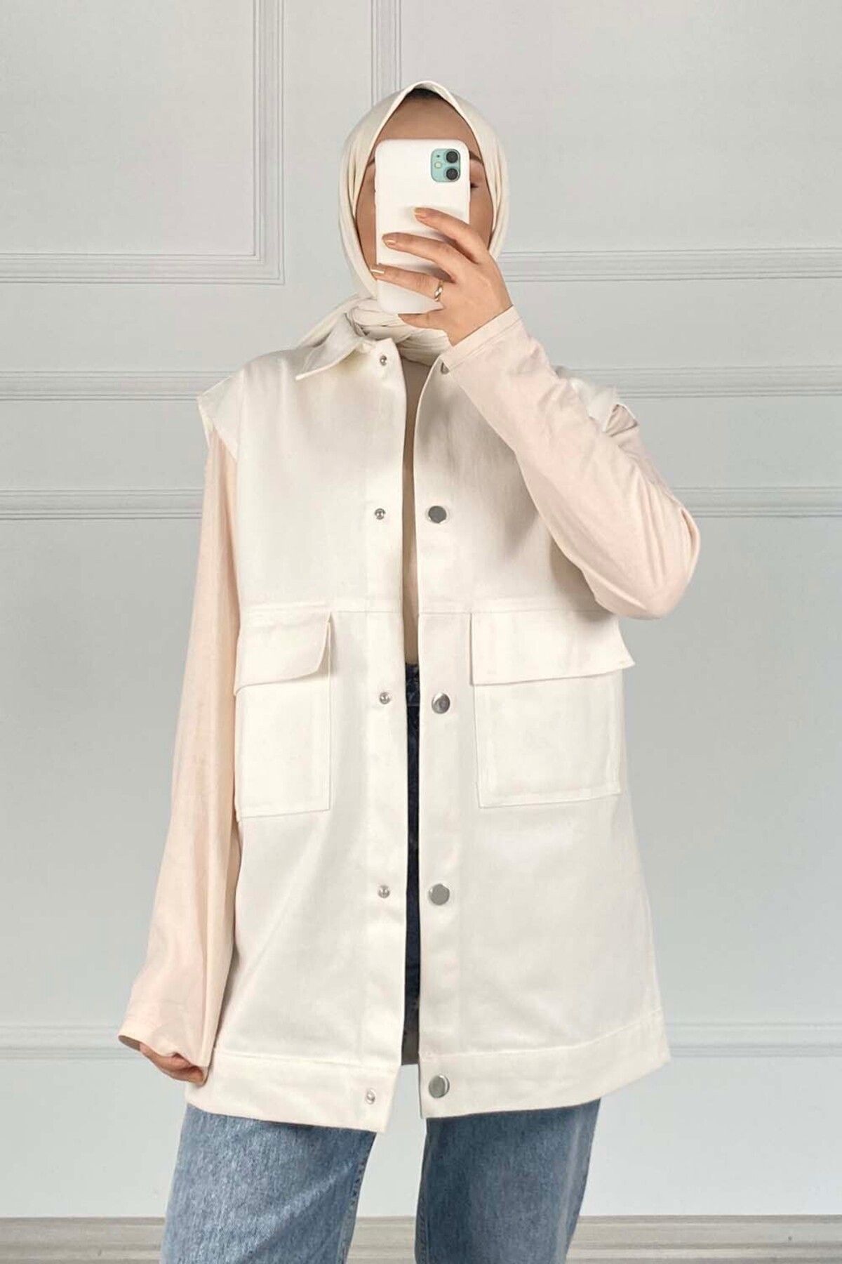 lamelif-Ecru Vest - Front Snap Button 4