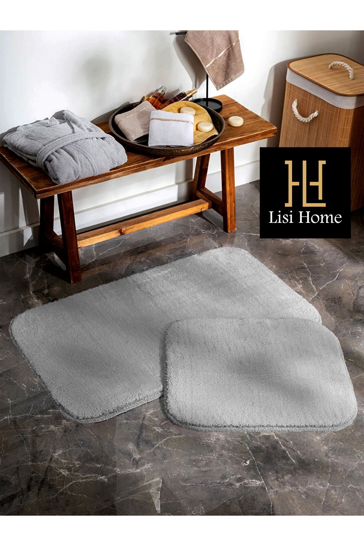 Gray Bathroom Rug (100x60) (60x50) Toilet Set 2-Piece Plush Soft Washable