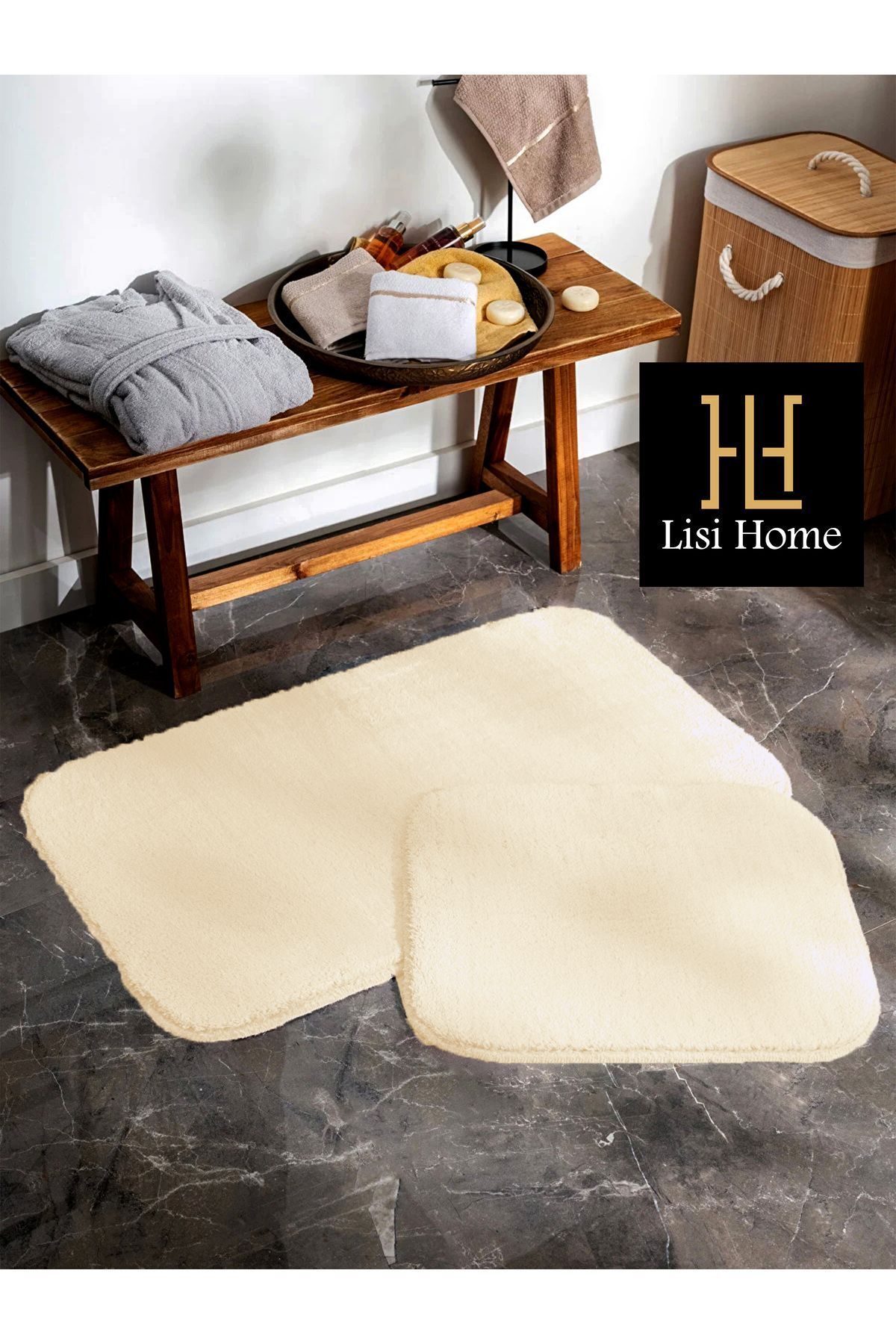 Cream Bathroom Rug (100x60) (60x50) Toilet Set 2-Piece Plush Soft Washable