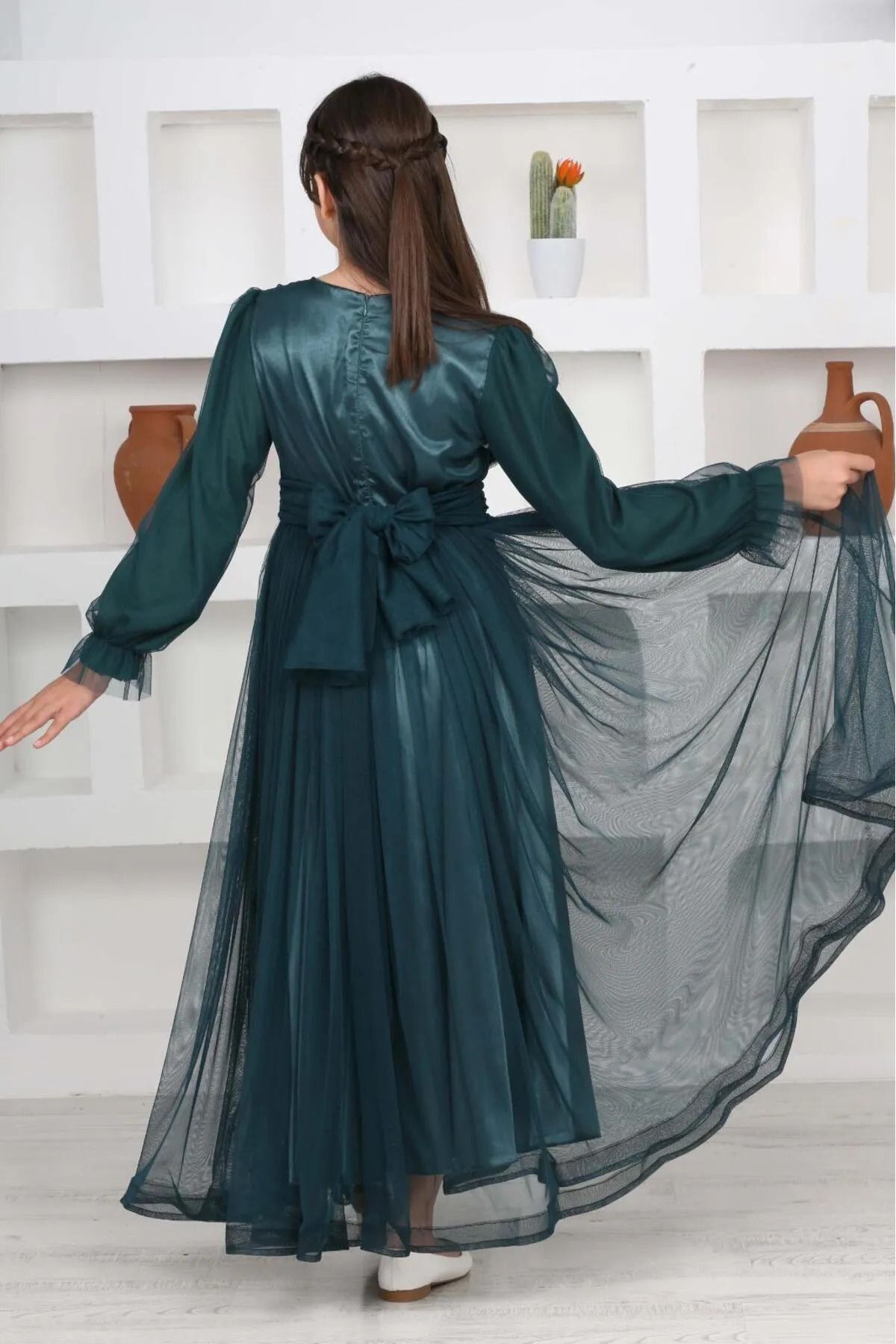 Asortik Kids-Emerald Green Long Girls' Muslim Evening Dress 7