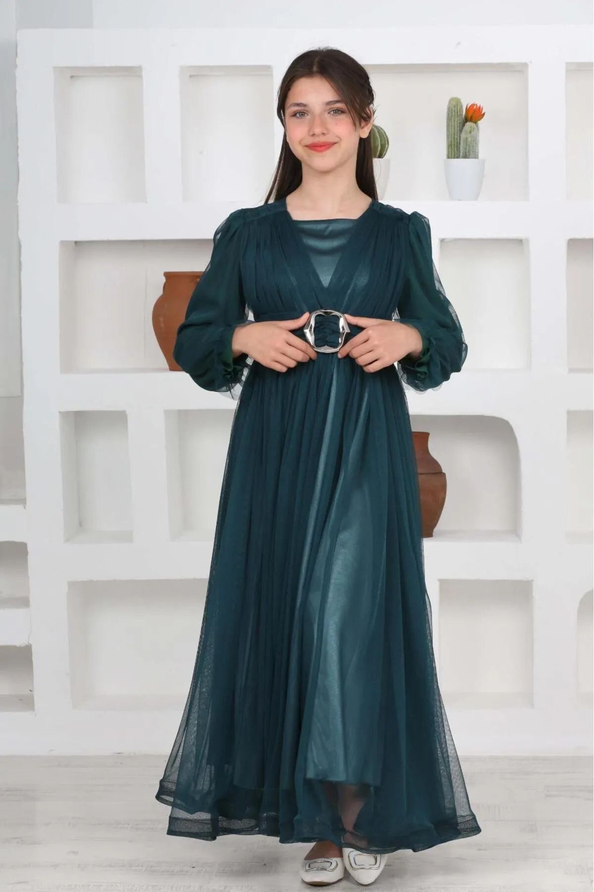 Asortik Kids-Emerald Green Long Girls' Muslim Evening Dress 5