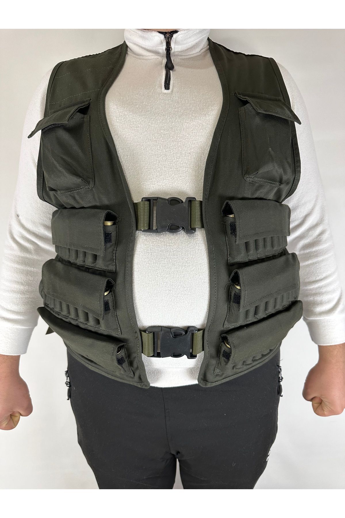 UYĞURCA Ayarlı Kolonlu Avcı Yeleği - 48 Fişek Kapasiteli - Koyu Haki Kumaş