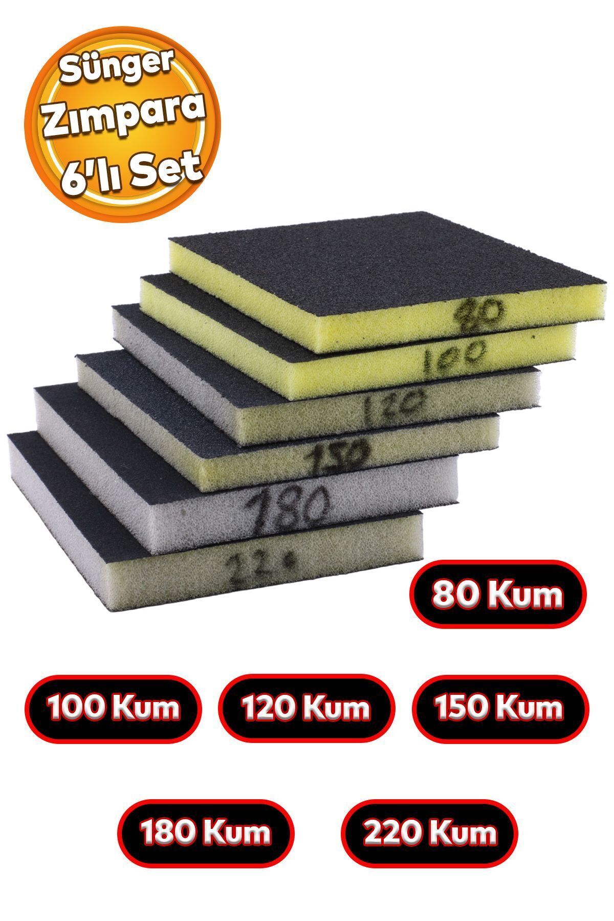 Badem10 Yassı Sünger Zımpara 9.5 x 12.5 cm Takoz Blok Flex Taşlama Ahşap El Zımparası Kum Seti 6 Adet