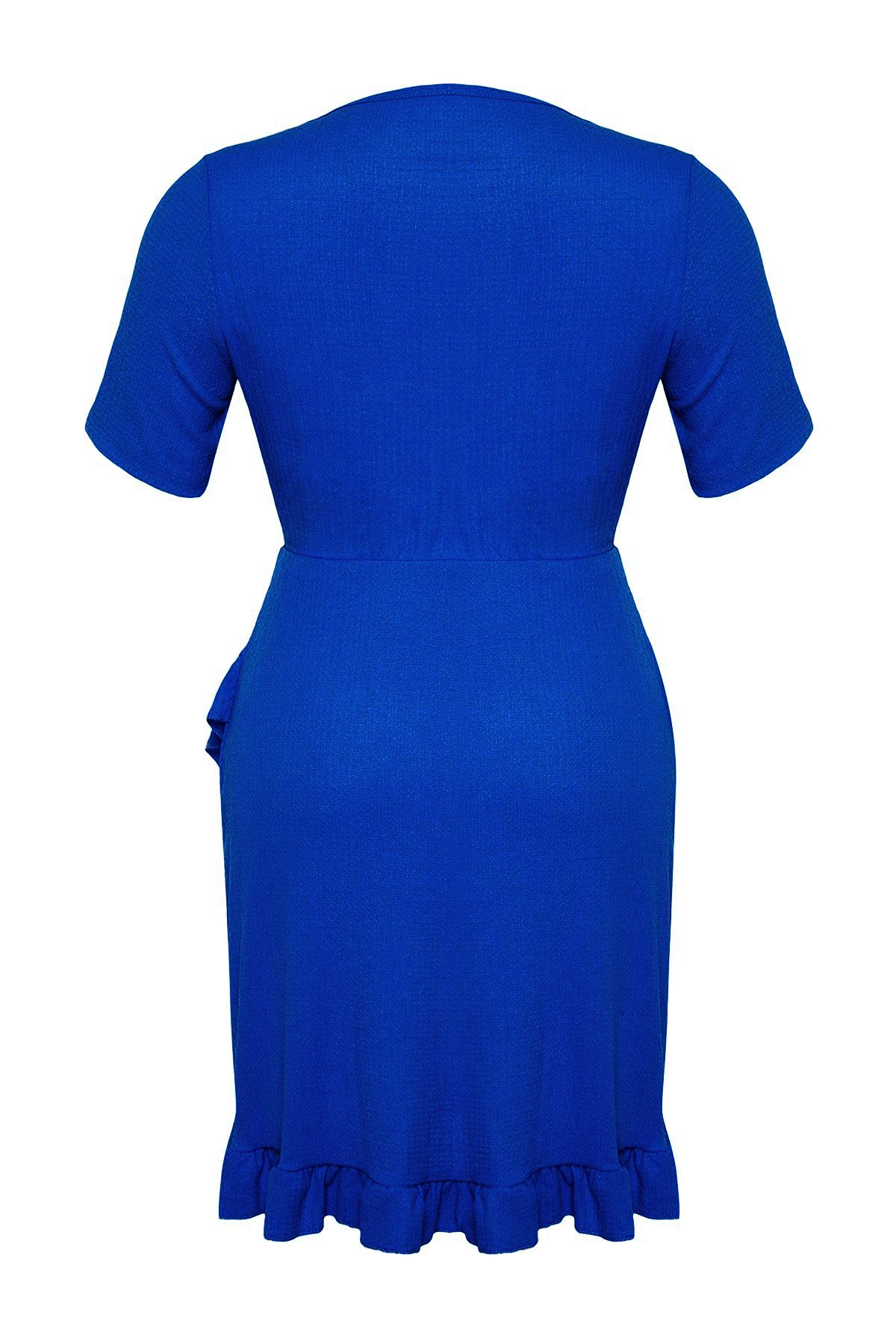 Trendyol Curve-Синя двобортна сукня з V-подібним вирізом Volan Mini Orme Plus Size TBBSS24AH00037 6