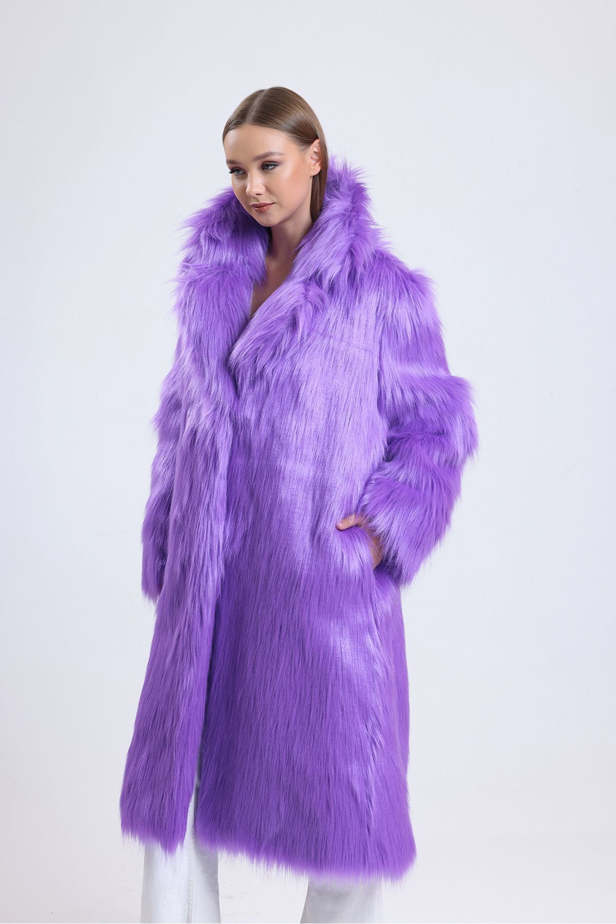 KürkZone-WOMEN'S PURPLE LONG FEATHERED FUR COAT 6