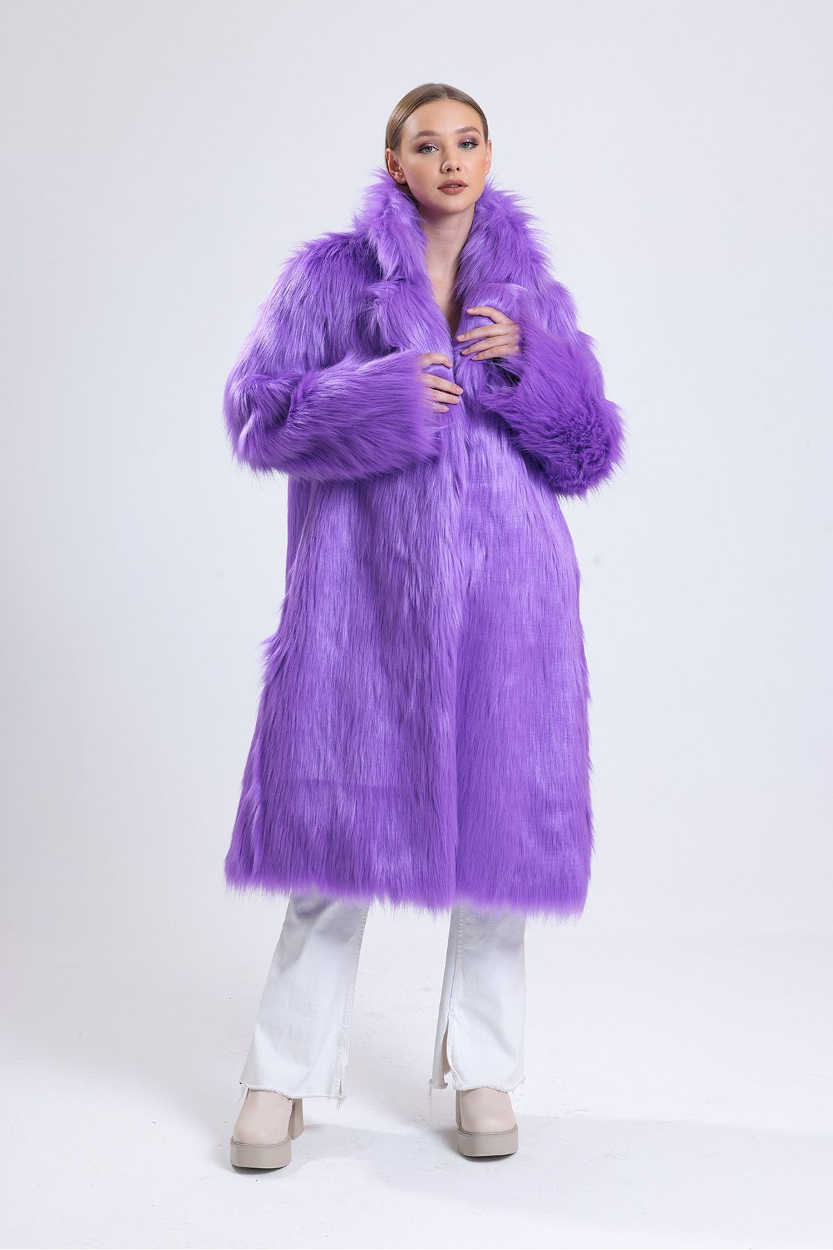 KürkZone-WOMEN'S PURPLE LONG FEATHERED FUR COAT 4