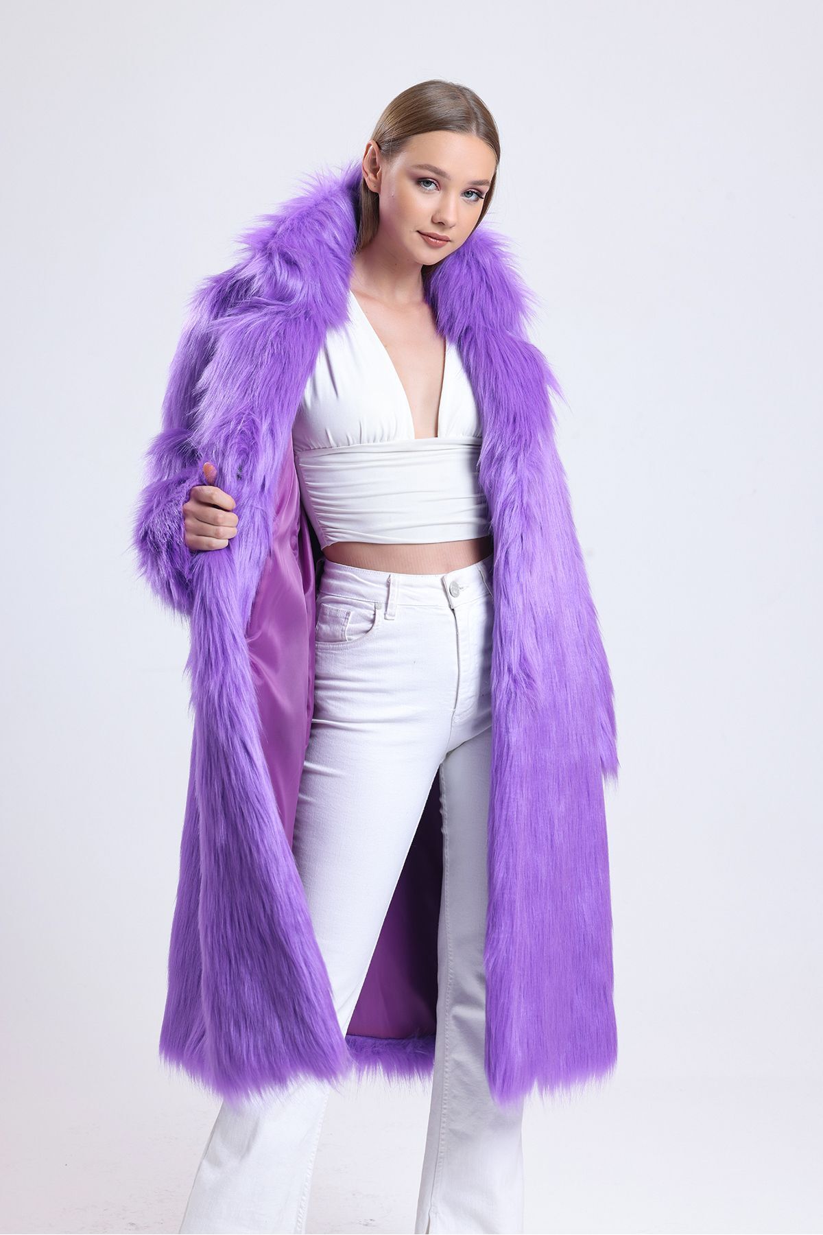 KürkZone-WOMEN'S PURPLE LONG FEATHERED FUR COAT 3