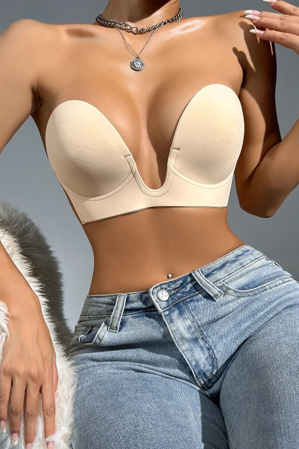 Bernato-Non-Slip Side Adhesive Nude Padded Bra 5