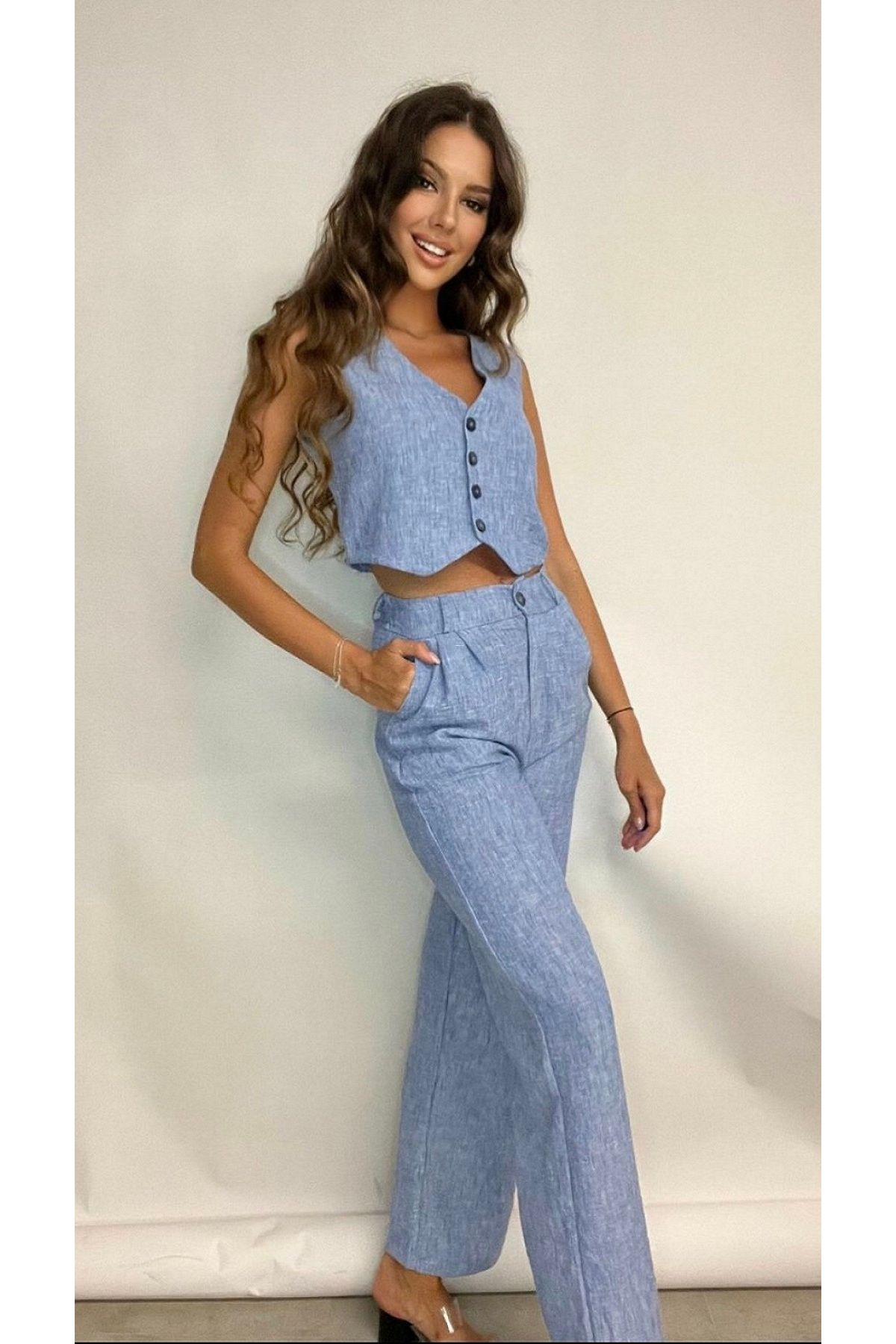 Butikayandon-Blue Women's Summer Vest and Trousers Double Set - D9230 3