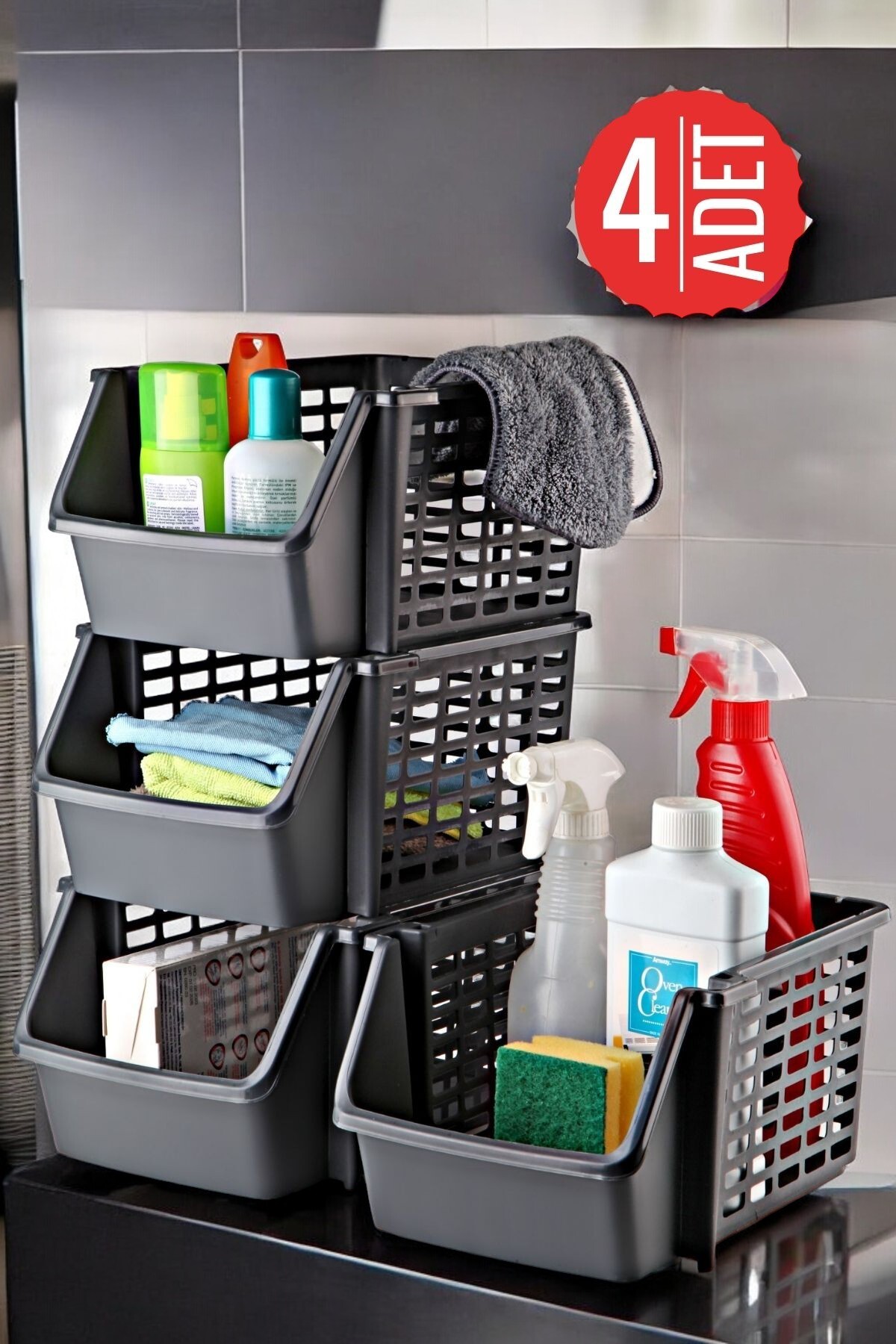 NY HOME 4 Adet Çok Amaçlı Dolap Içi, Evye Altı Ve Buzdolabı İçi Katlı Düzenleyici Antrasit