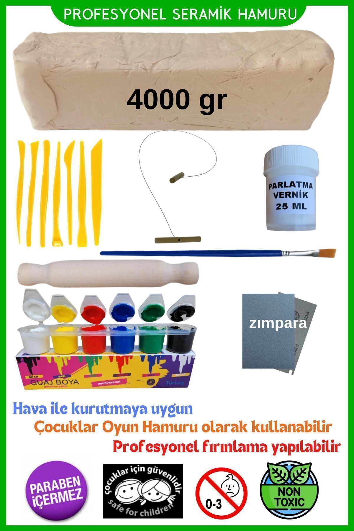 Seramik Hamuru 4000 Gr, 7li Plastik Ebeşuar (MODELAJ SETİ), Kesme Teli-ipi, Guaj, Doğal Kil Çamuru