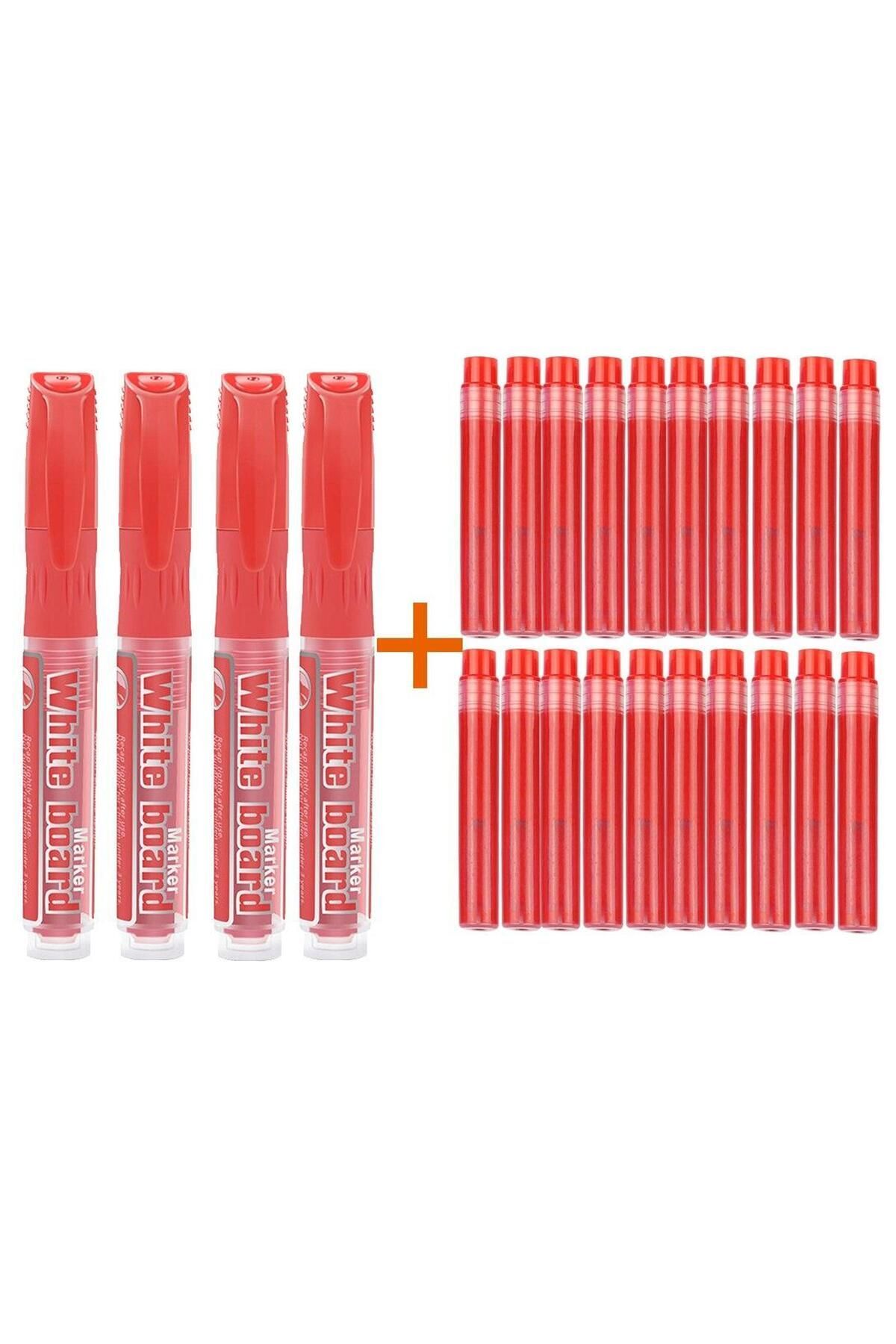 Modellino 20 Adet Kırmızı Kartuş + 4 Adet Kırmızı Tüplü BYB Kartuşlu Beyaz Tahta Kalemi
